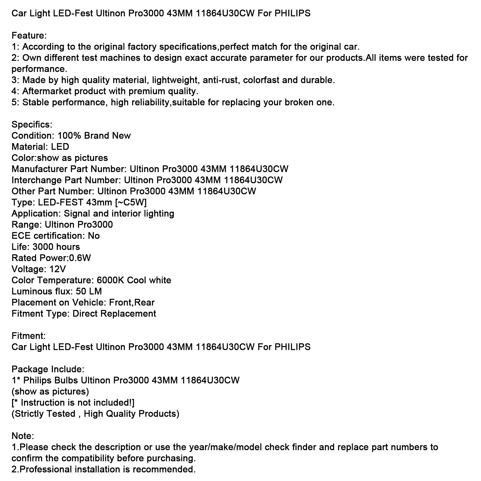 Phare LED pour voiture Ultinon Pro3000 43 mm 11864U30CW pour Philips