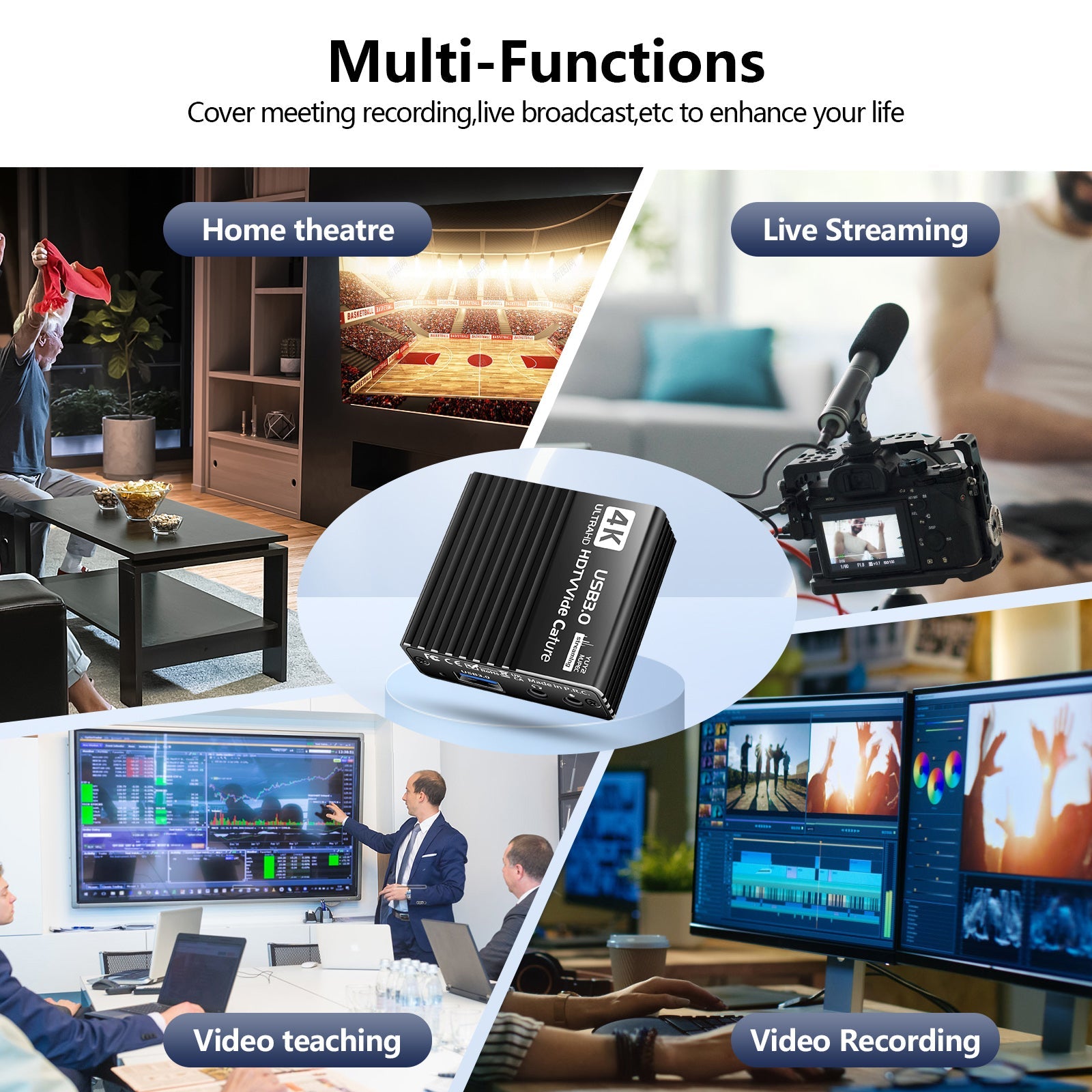 Carte de capture vidéo USB 3.0 Boîtier d'enregistrement HDMI 4K Microphone de diffusion en direct de jeu