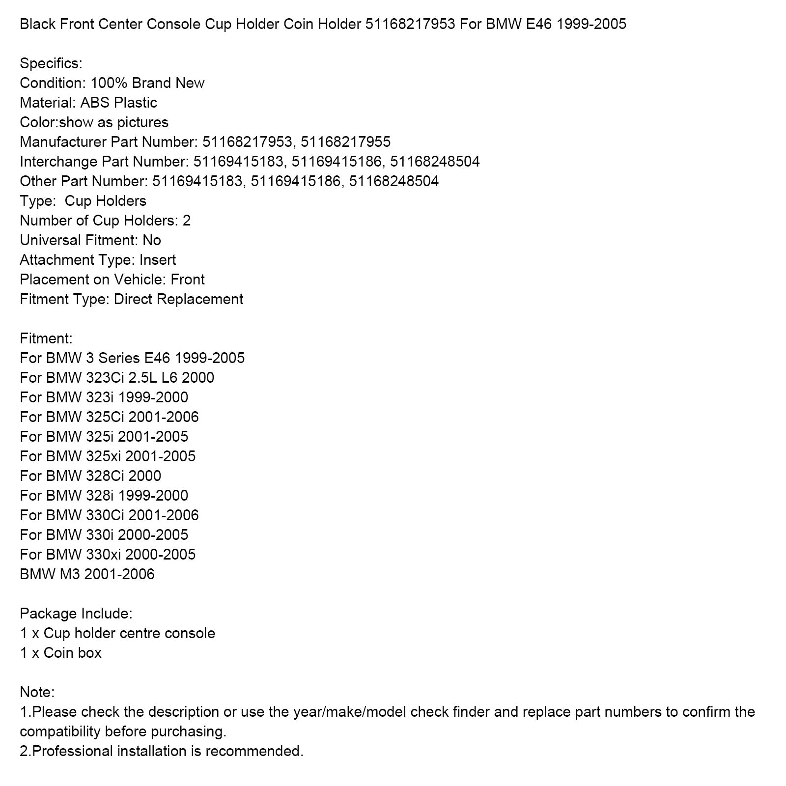 Impiegato nero per la console centrale anteriore e portafoglio 51168217953 per BMW E46