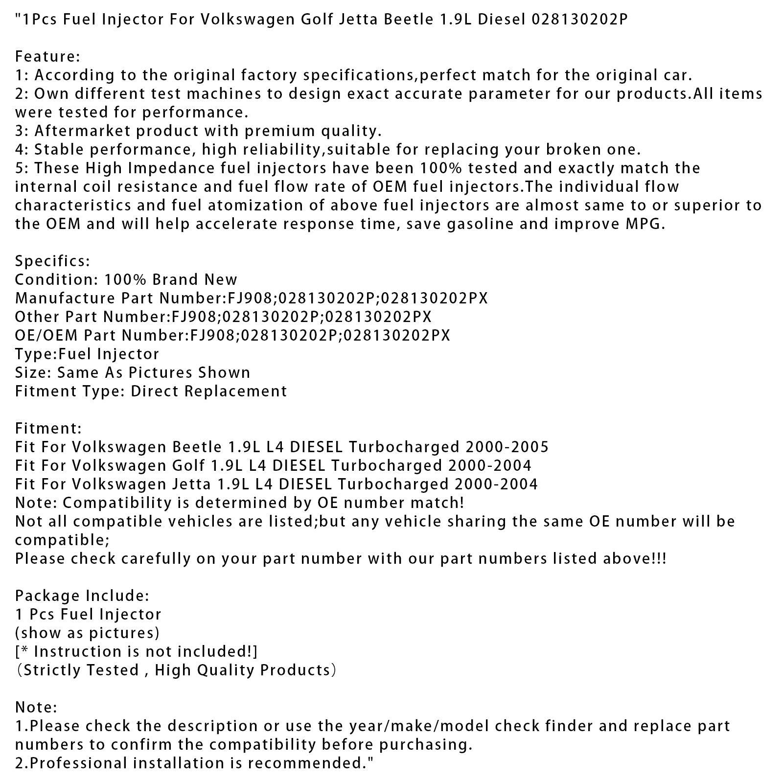 1 injecteur de carburant pour Volkswagen Golf Jetta Beetle 1.9L Diesel 028130202P