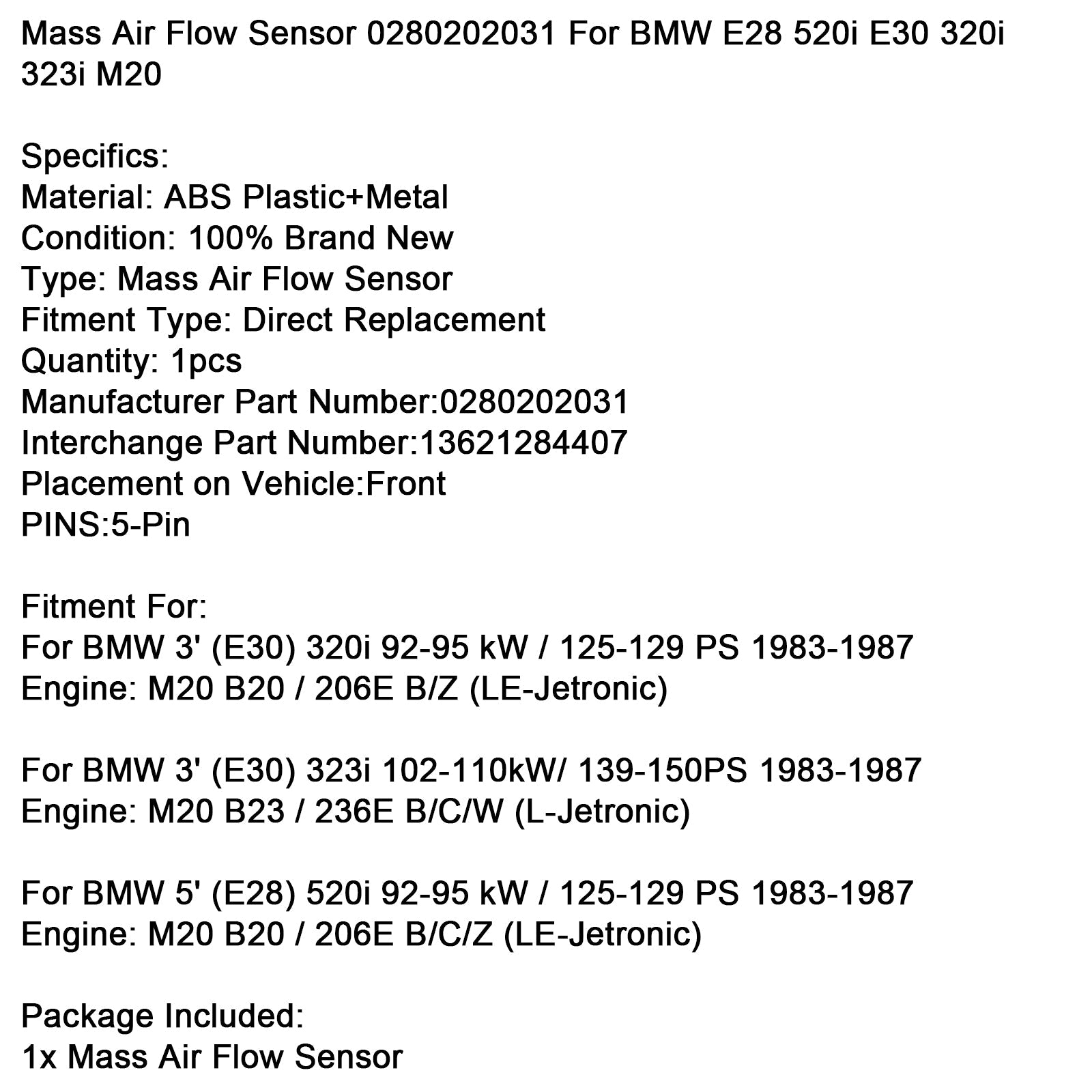 Przepływomierz d' masa powietrza 0280202031 13621284407 do BMW 3' (E30) 320i 92-95 kW/125-129 KM 1983-1987