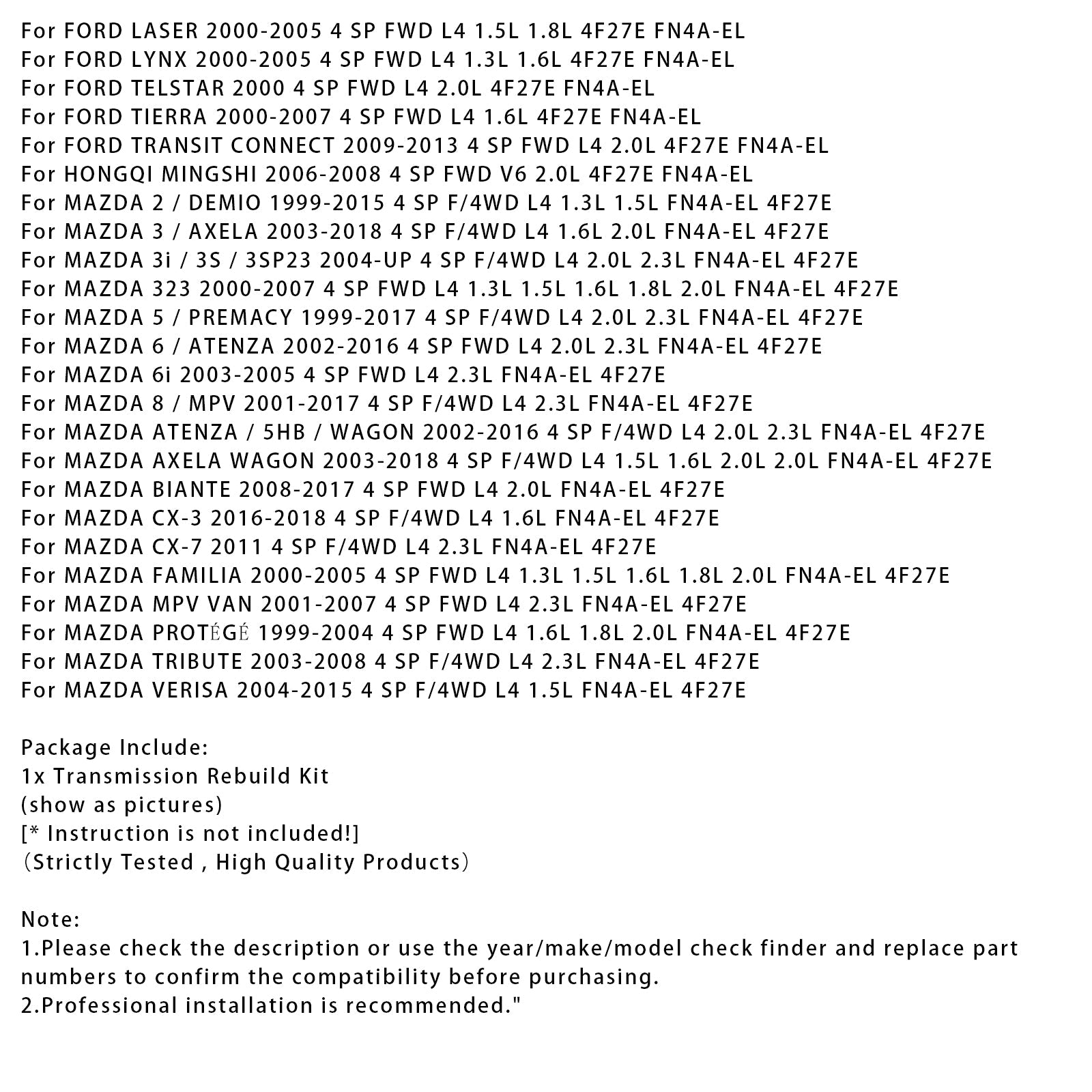 Kit di ricostruzione del cambio per Mazda familia 4 sp fwd l4 1,3 l, 1,5 l, 1,6 l, 1,8 L, 2,0 l fn4a-el 4f27e, 2000-2005, con pistoni