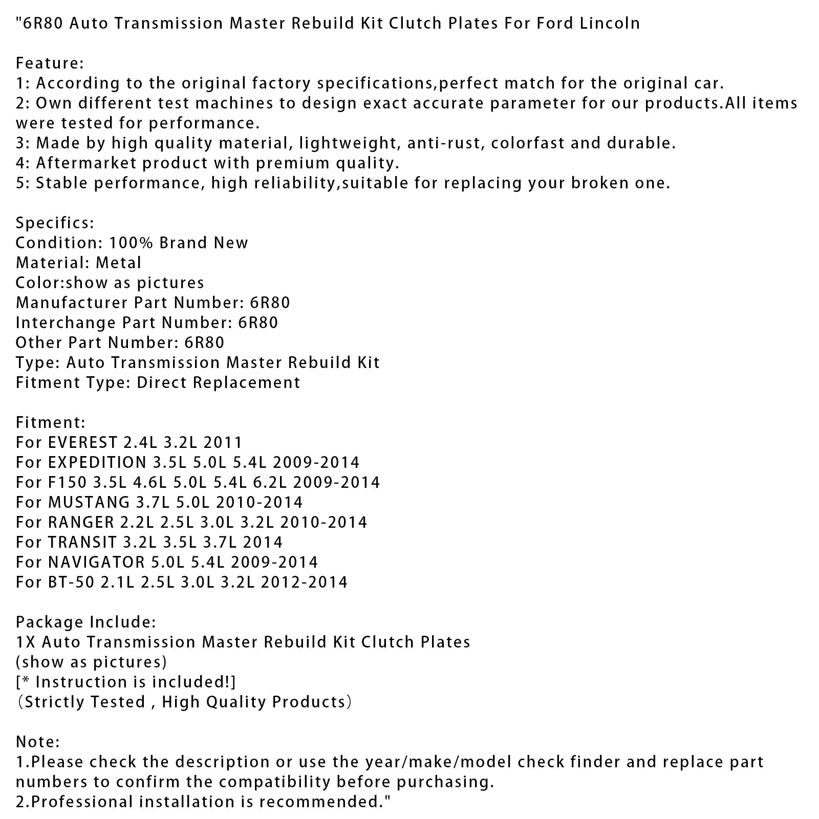 EVEREST 2011 2.4L 3.2L 6R80 Komplet za obnovo avtomatskega menjalnika, diski&sklopka