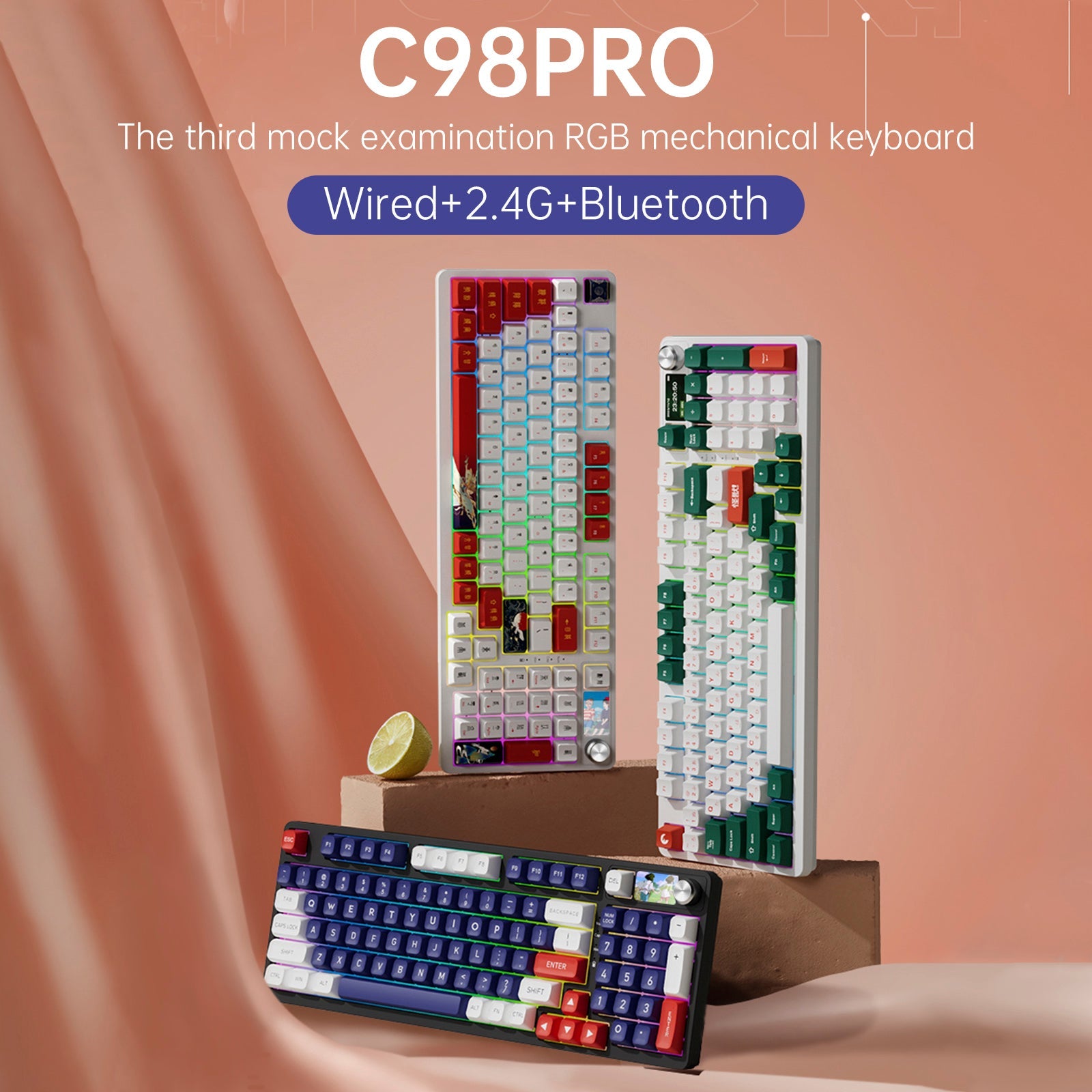 Bezprzewodowa klawiatura mechaniczna Bluetooth z 98 klawiszami i częstotliwością 2,4 GHz, trzy tryby, RGB z możliwością wymiany podczas pracy