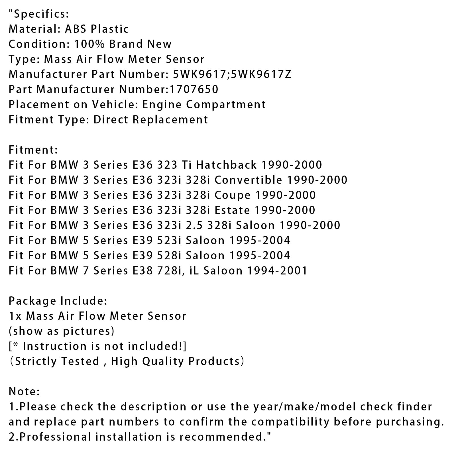 Sensor del medidor de flujo d'masa de aire para BMW E36 323i 328i E39 528i 5WK9617