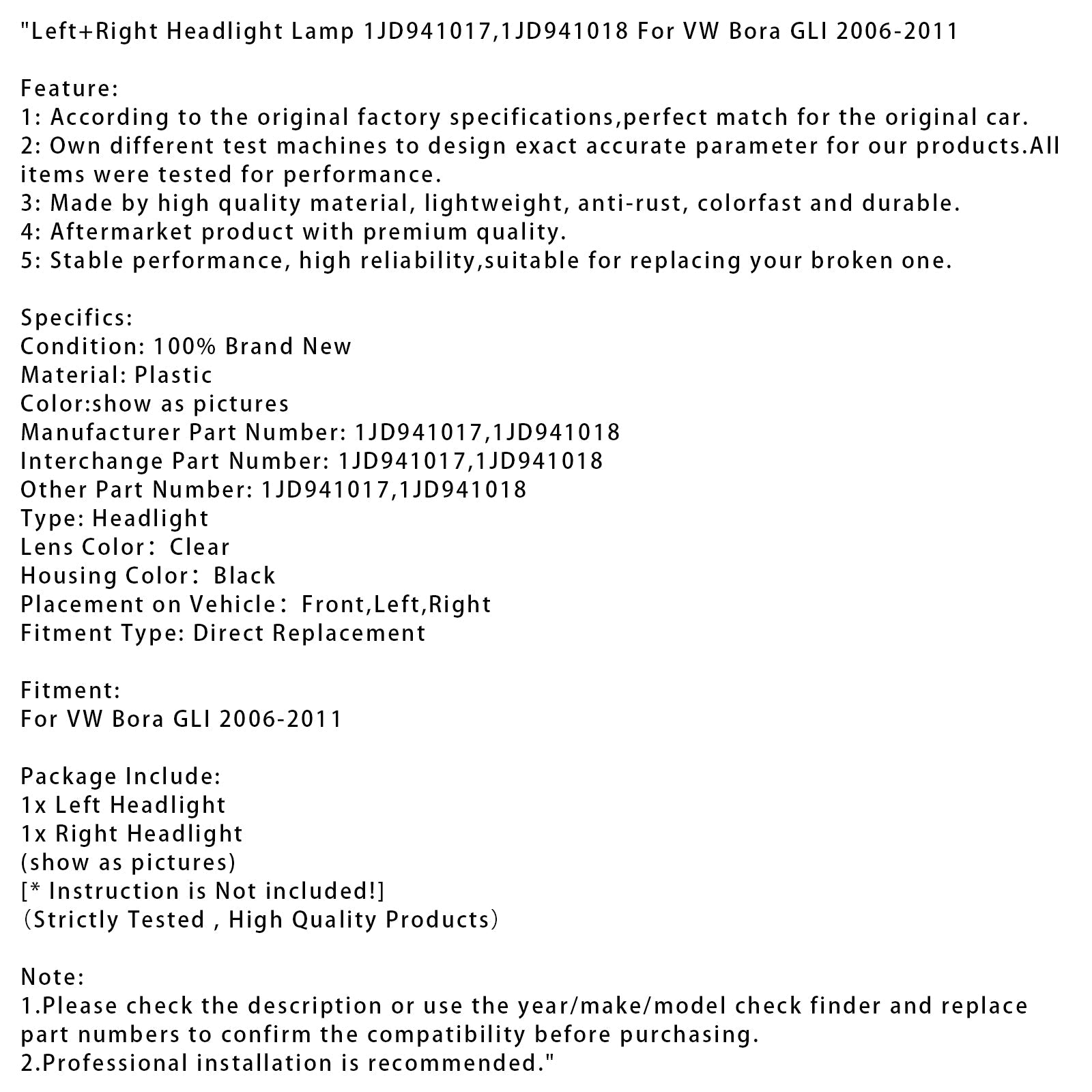 Linker en rechter koplampen voor VW Bora GLI (2006-2011) - Onderdeelnummers : 1JD941017 en 1JD941018