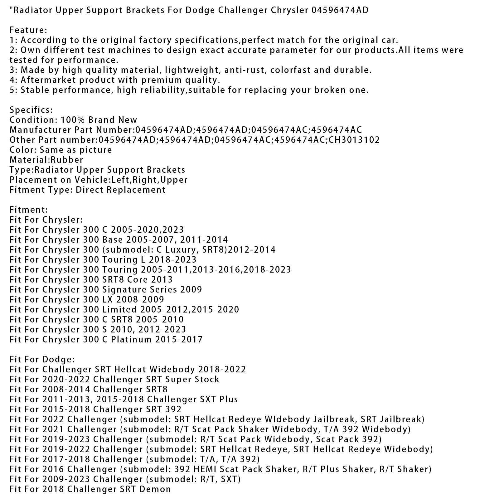 Zgornji nosilci hladilnika za Dodge Challenger Chrysler 04596474AD