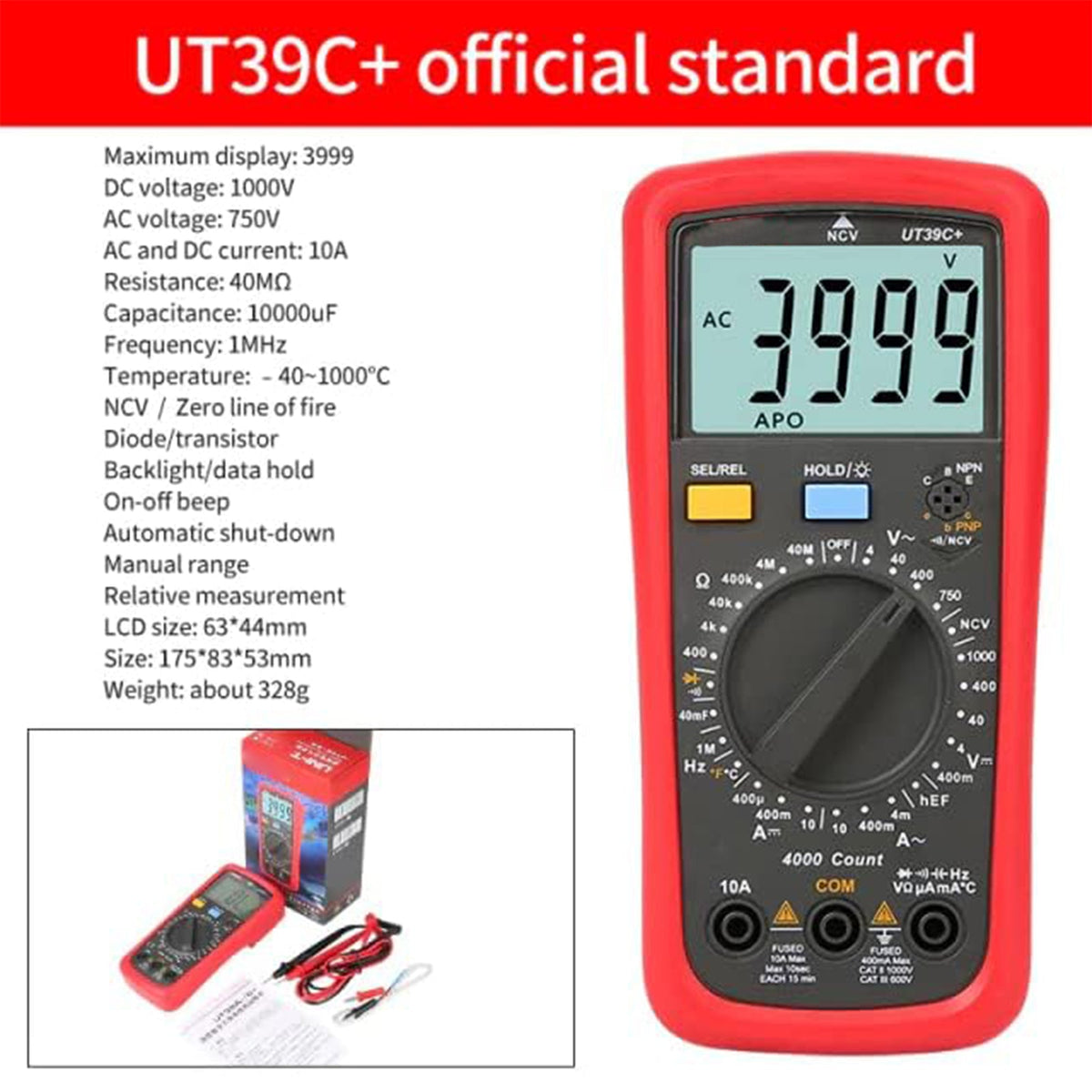 UT39C+ digitale multimeter: AC/DC voltmeter, diode- en condensatortester.