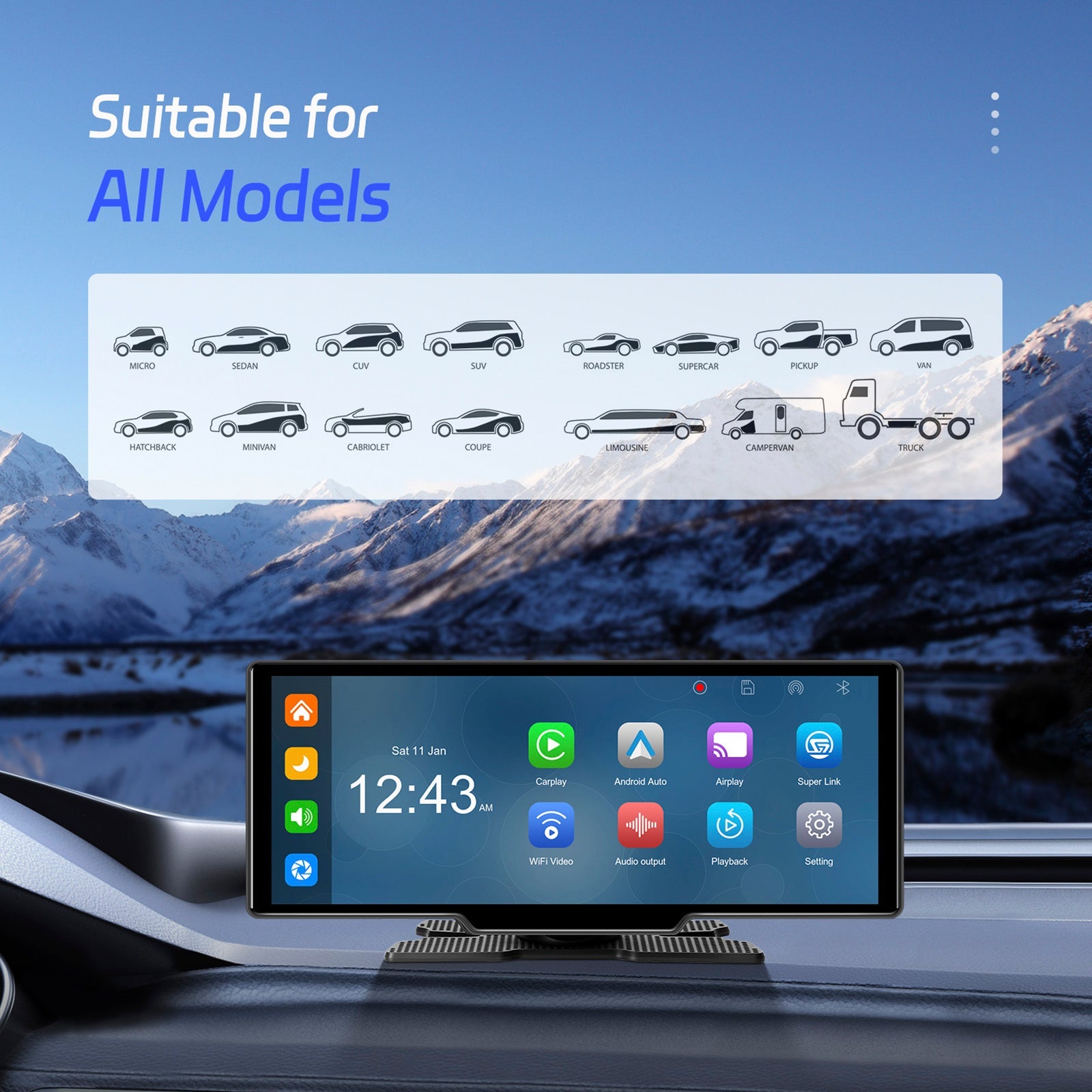 Autoradio portable Bluetooth 10,26"" avec navigation sans fil et compatible CarPlay, caméra AHD
