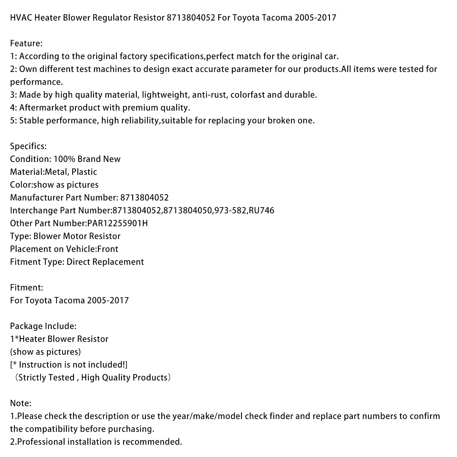 Résistance de régulateur de ventilateur de chauffage CVC Toyota Tacoma 2005-2017 8713804052