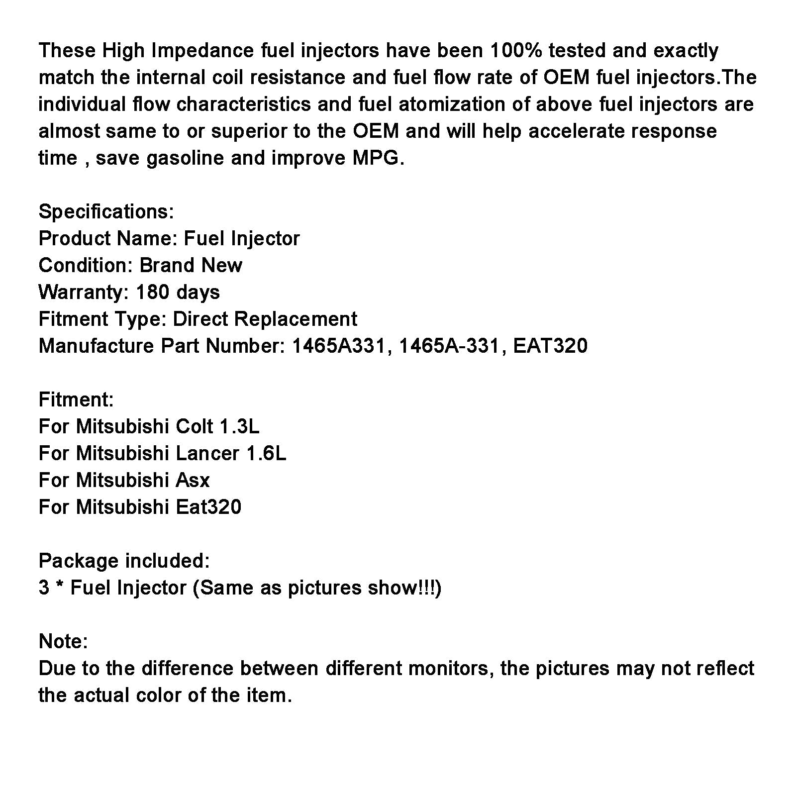 Injecteur de carburant 3 pièces EAT320 pour Mitsubishi Colt 1.3L Lancer 1.6L ASX 1465A331