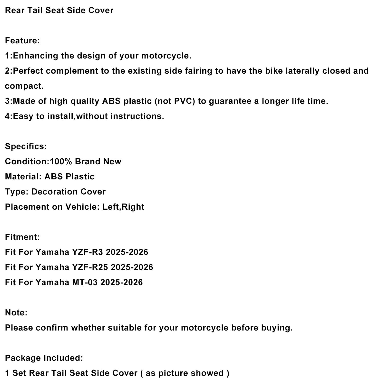 Carénage latéral de selle arrière pour Yamaha YZF-R3 R25 MT-03 (2025-2026)