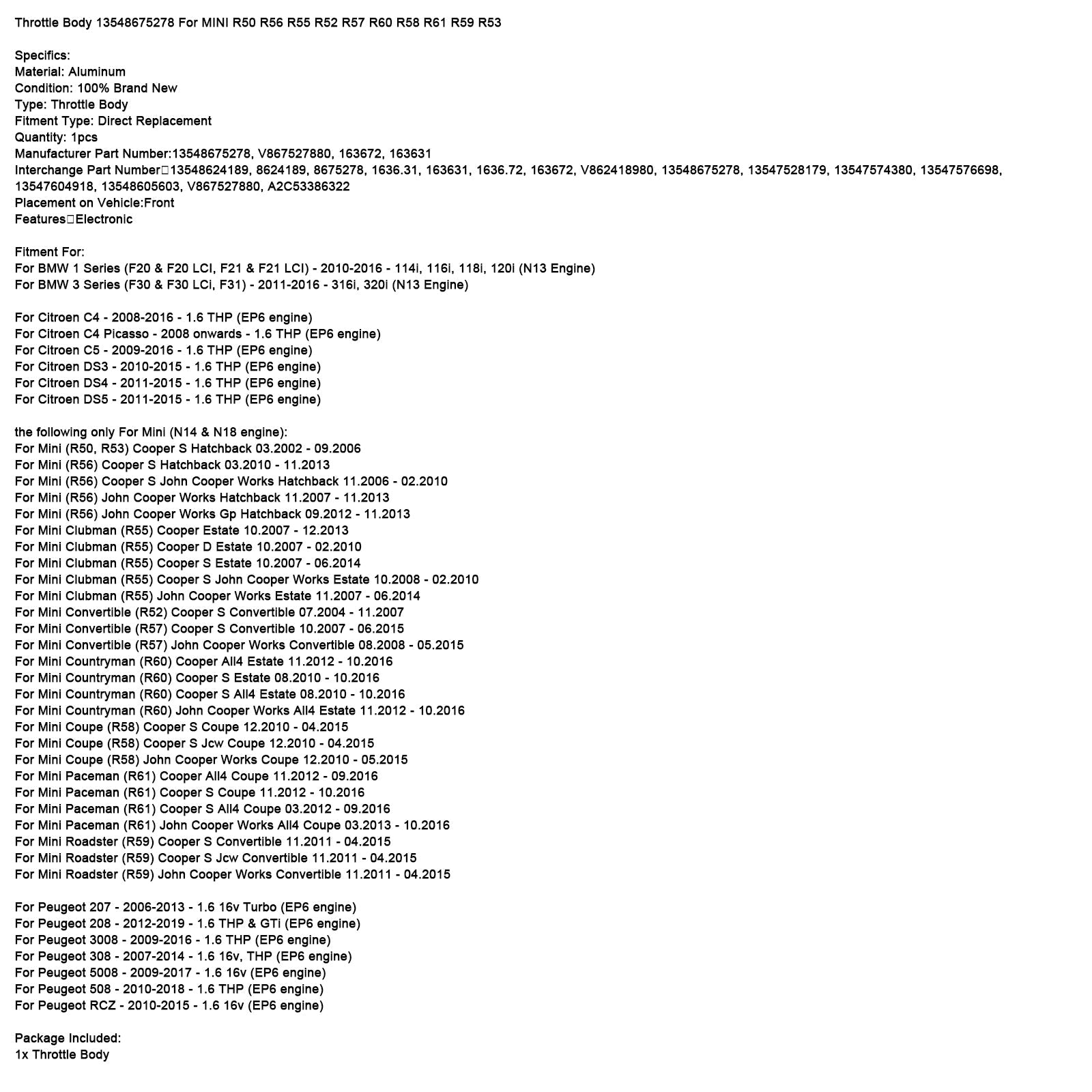 Kaasuläppäkotelo 13548675278 Mini Countryman (R60) Cooper All4 Estate (11.2012-10.2016)