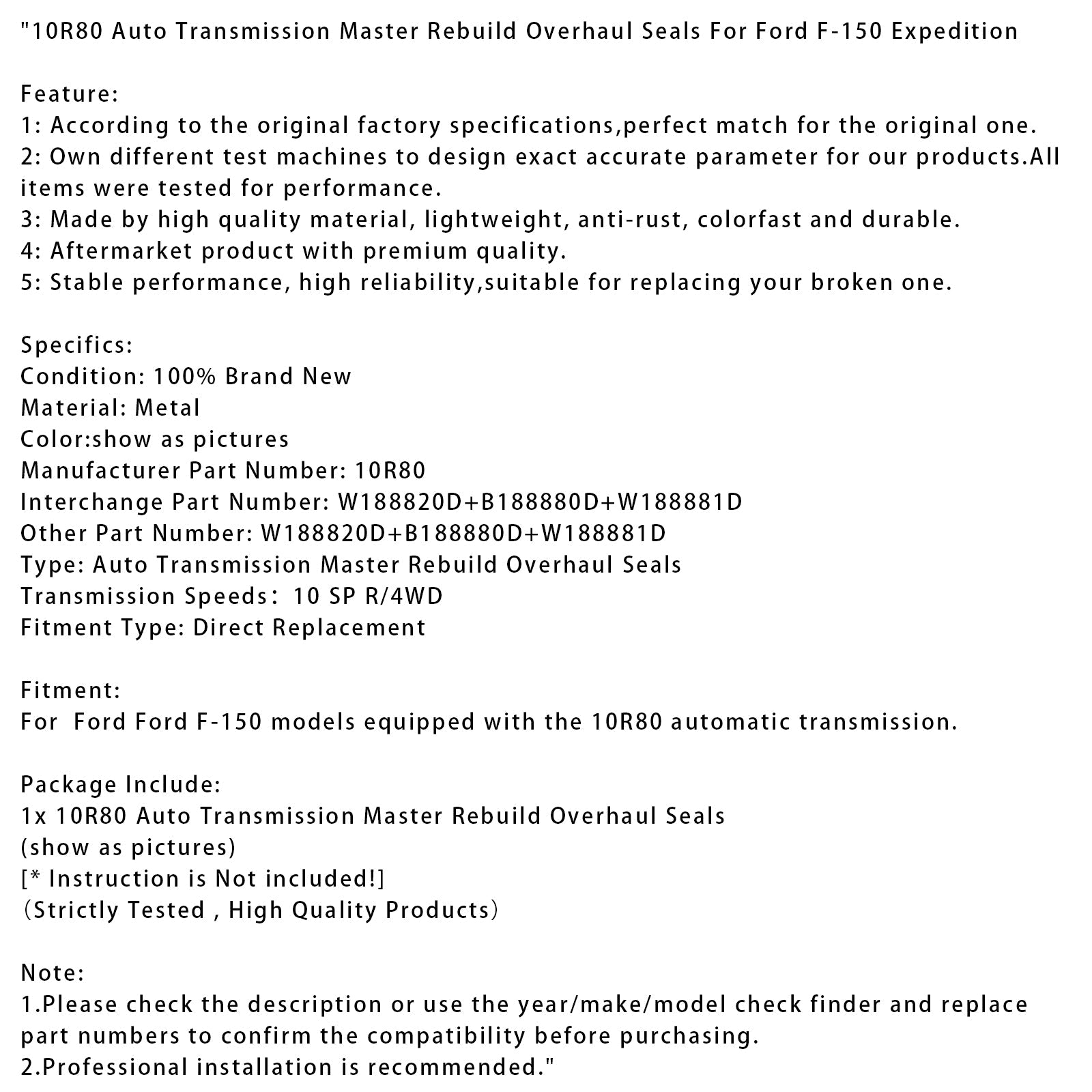 Joints de révision complète pour transmission automatique Ford F-150 Expedition 10R80