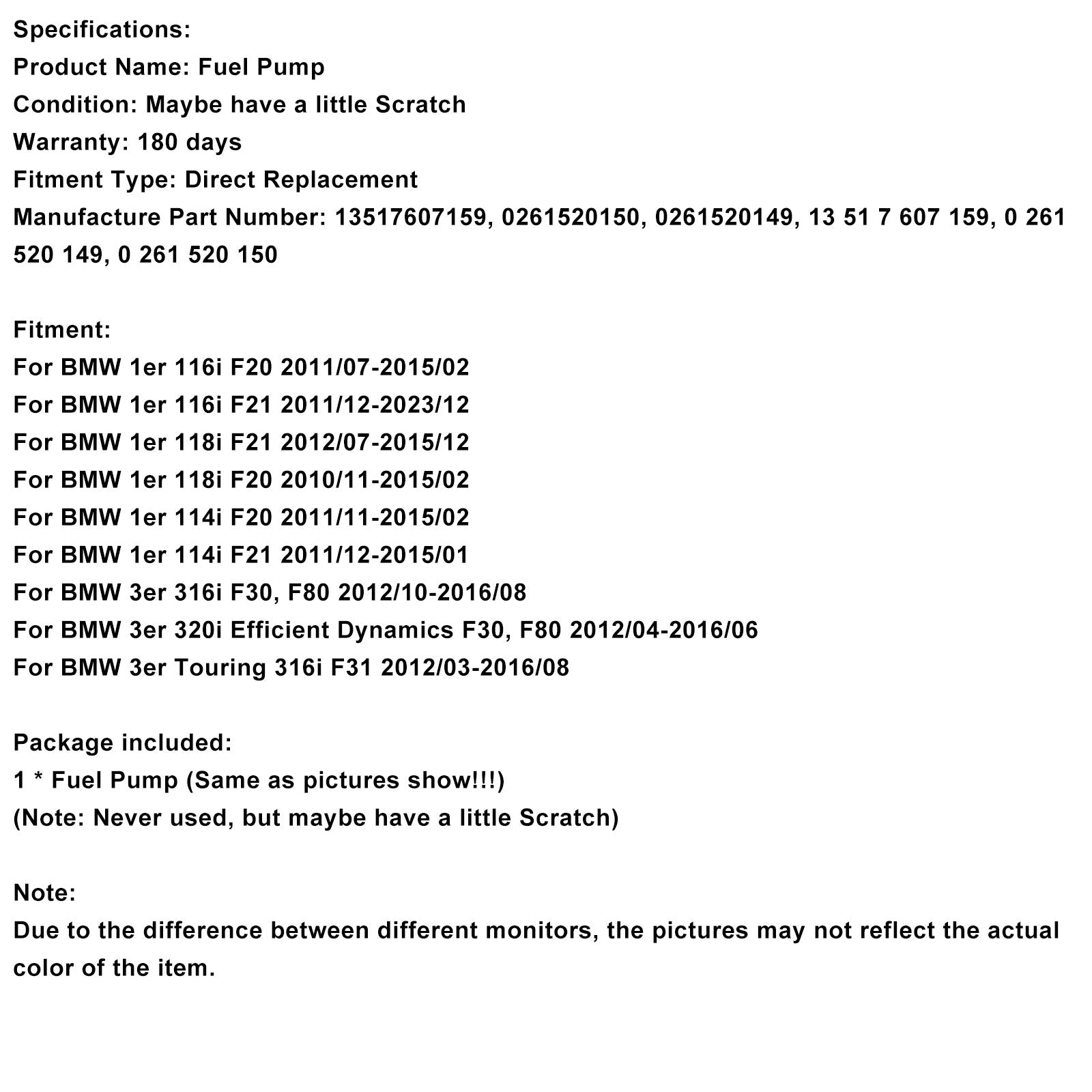 Bomba de gasolina de alta presión para BMW Serie 3 Touring 316i F31 (marzo 2012 - agosto 2016) - Referencias : 13517607159, 0261520150, 0261520149