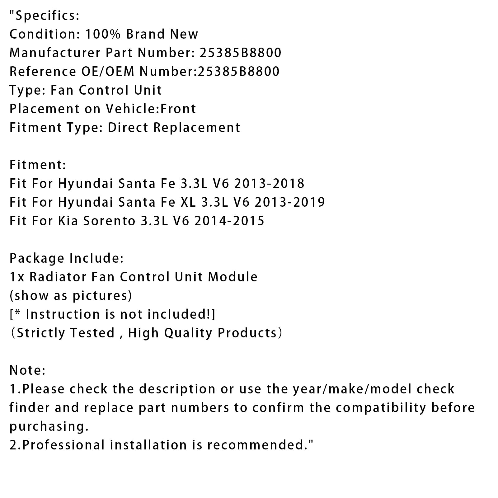 Módulo de control del ventilador del radiador para Hyundai Santa Fe 3.3L 13-19 25385B8800