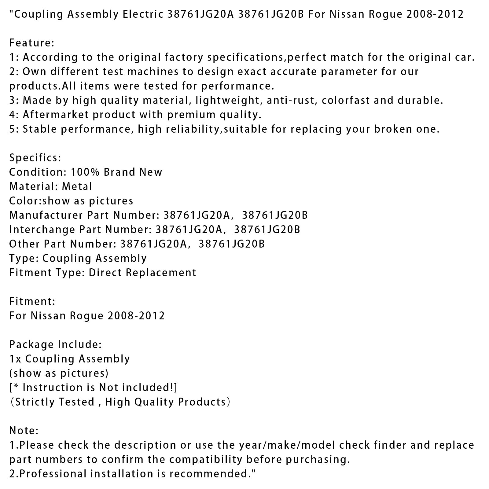 Assemblea 2008-2012 dell'accoppiamento di potere di Nissan Rogue 38761JG20A 38761JG20B