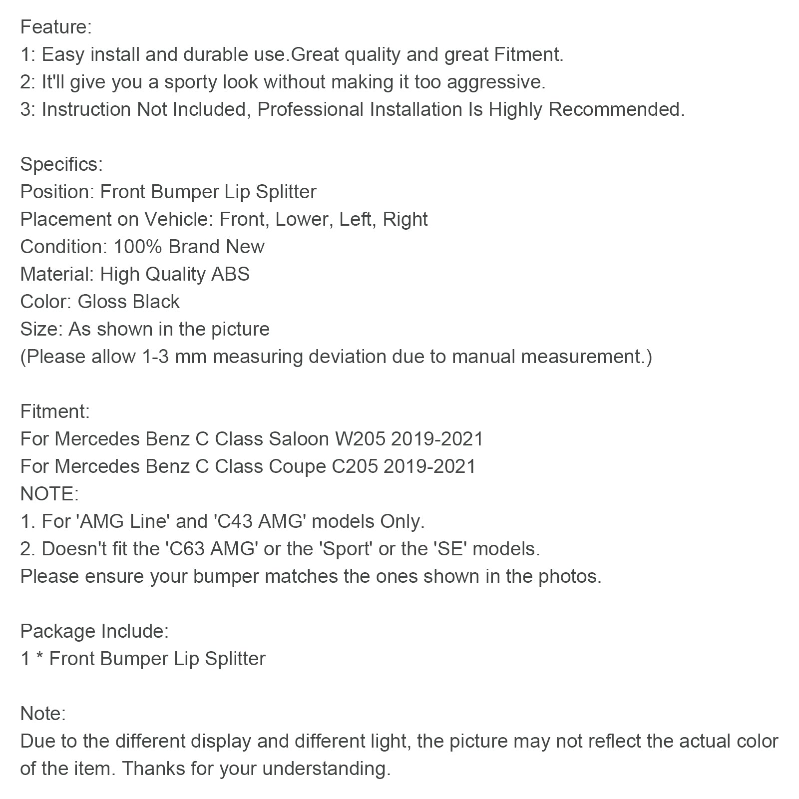 Labio divisor delantero para Mercedes Benz Clase C W205 C205 2019-2021 Estilo Brabus