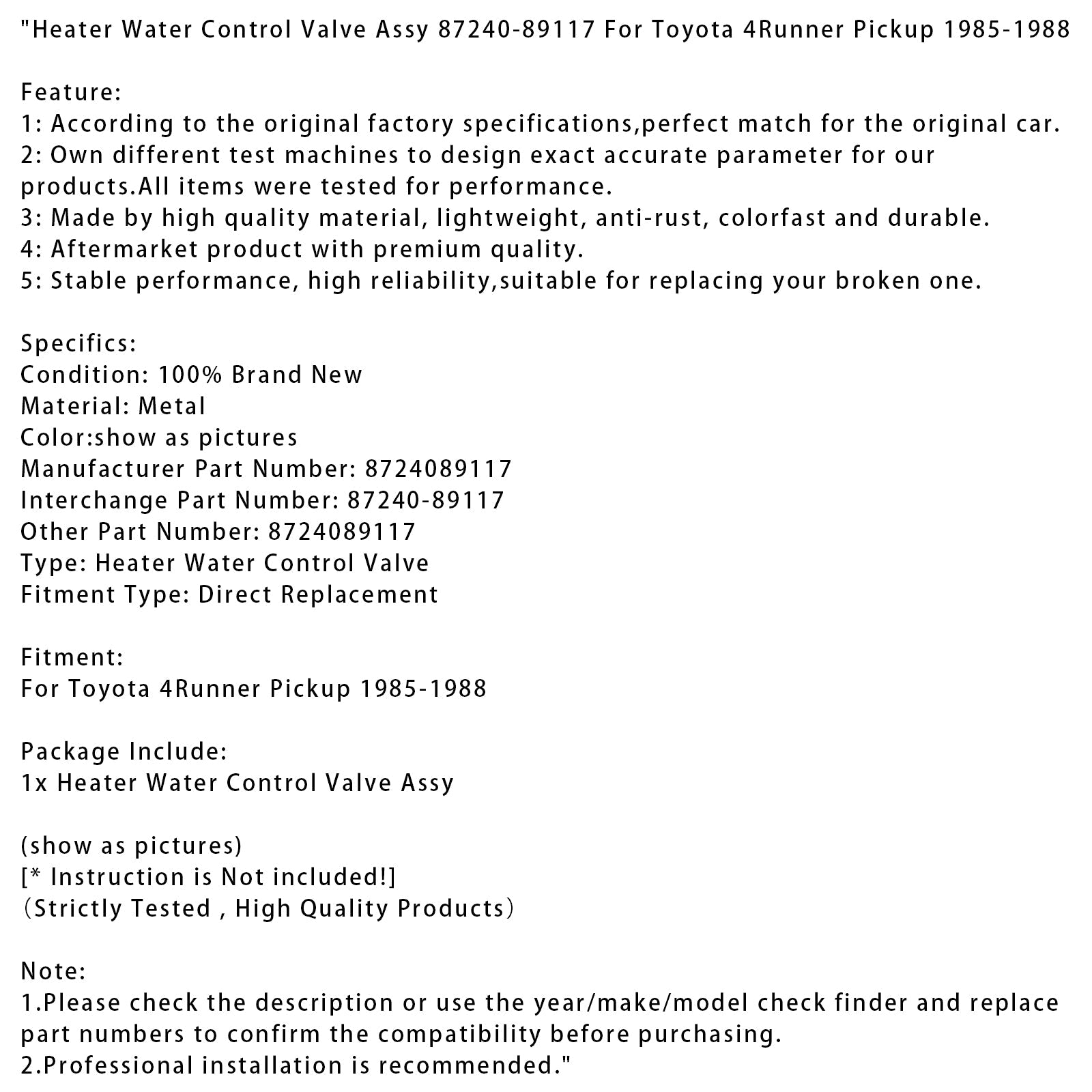 Kachelwaterregelklep voor Toyota 4Runner Pickup 1985-1988, onderdeelnummer 87240-89117