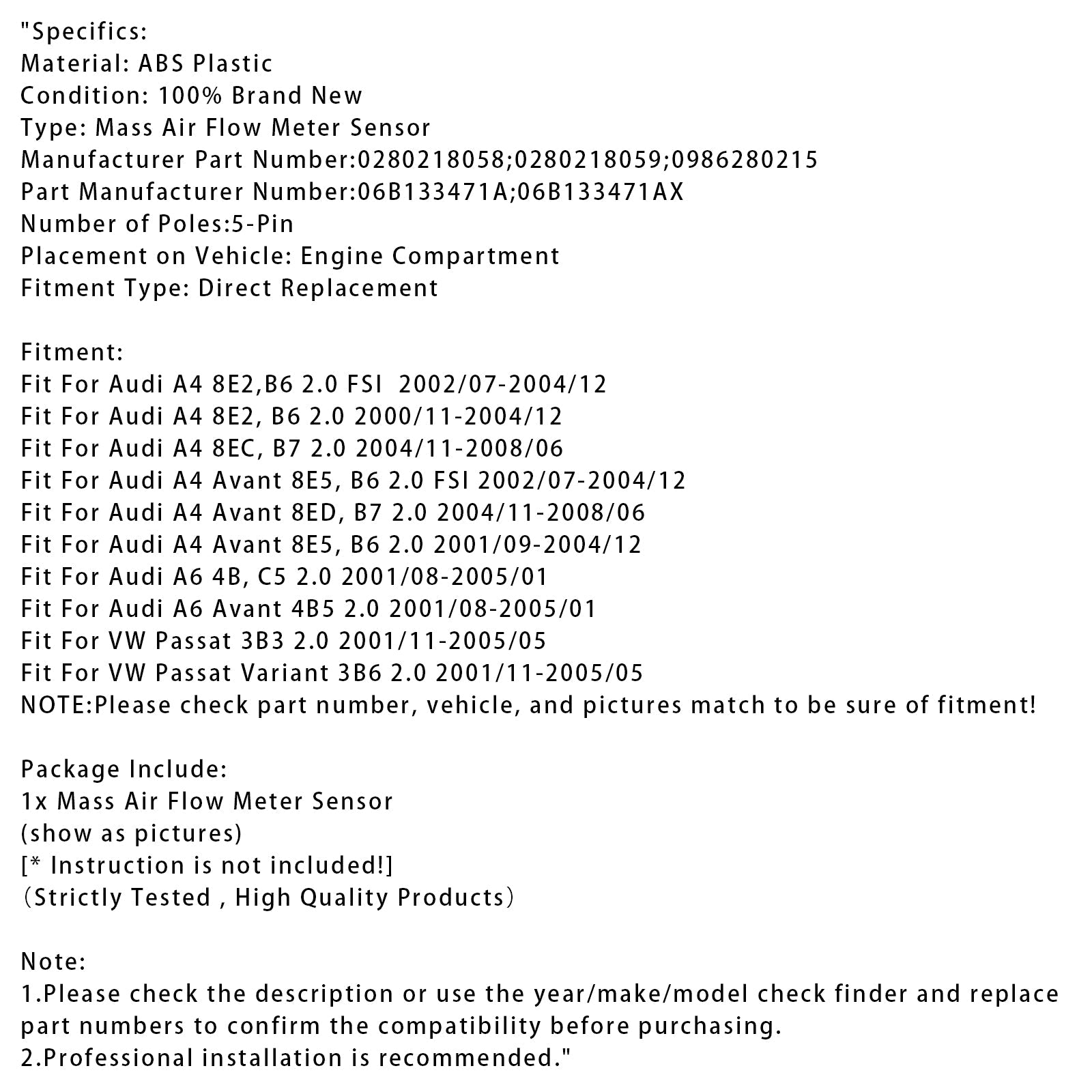 Sensor del medidor de flujo d&Medidor de flujo de aire masivo para Audi A4, B6, B7, A6, C5, VW Passat 3B 2.0L 0280218058