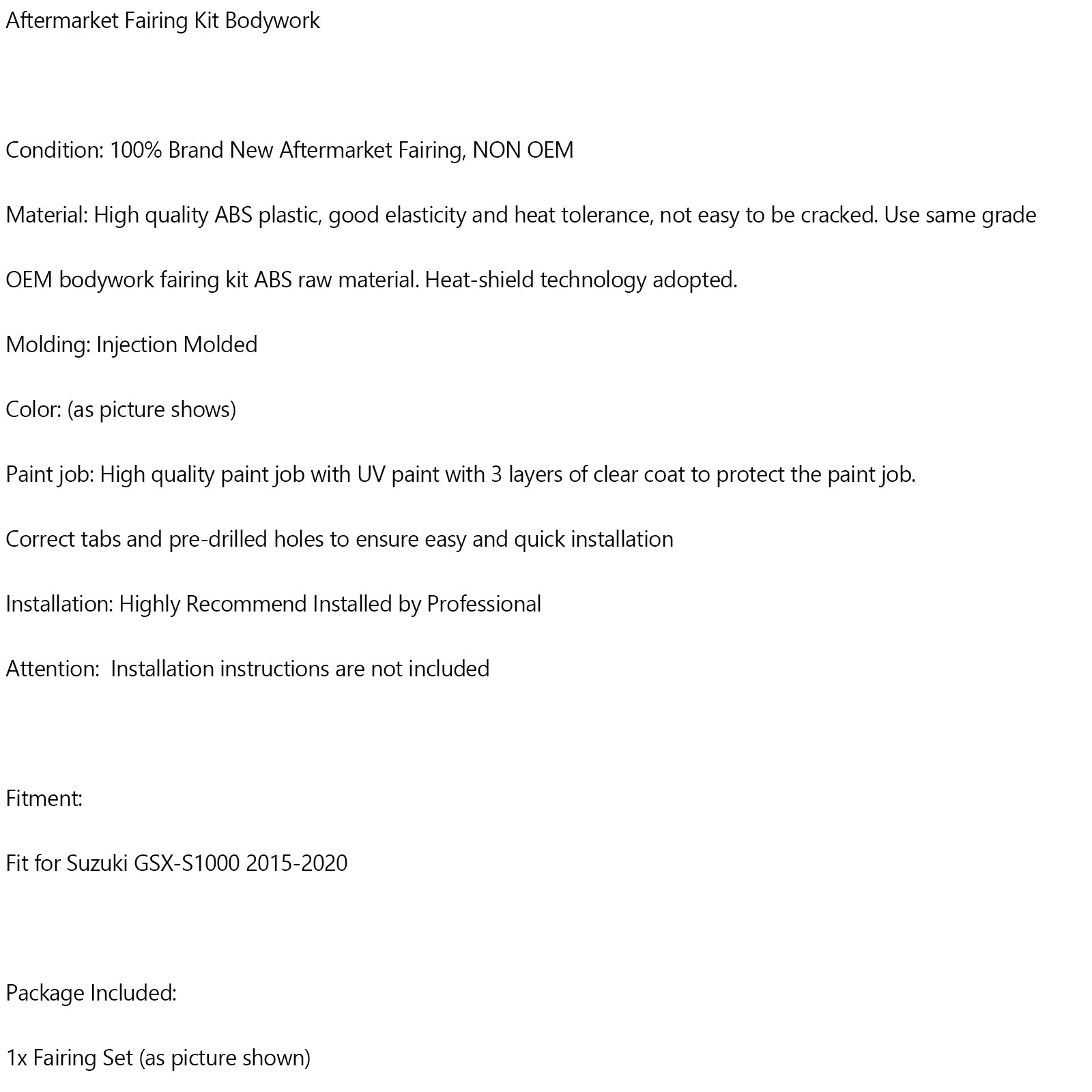 Plastični komplet za telo za telo, ki je injiciran za Suzuki GSX-S 1000 2015-2020 01#