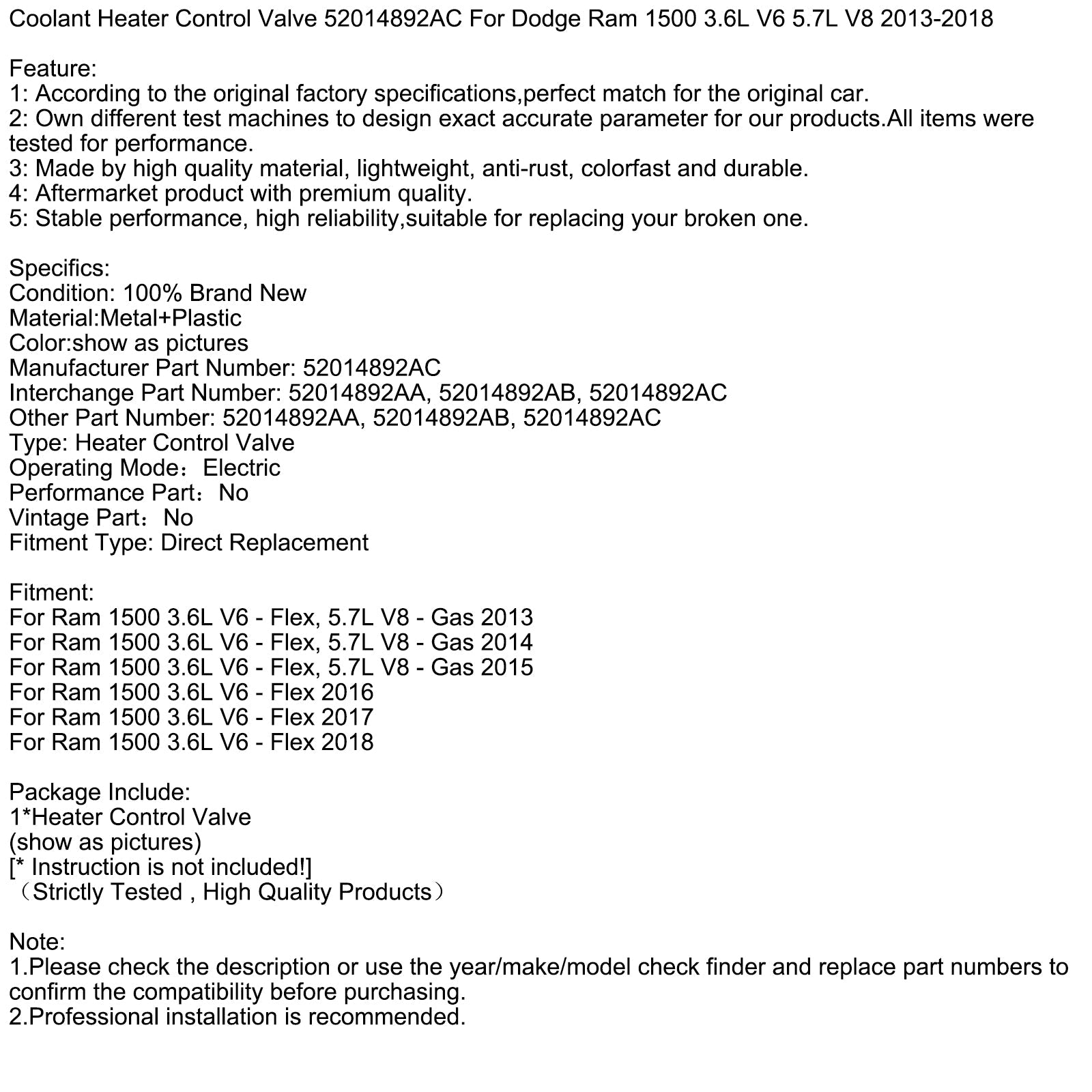 Vanne de régulation de chauffage du liquide de refroidissement 52014892AC pour Dodge Ram 1500 2013-2018