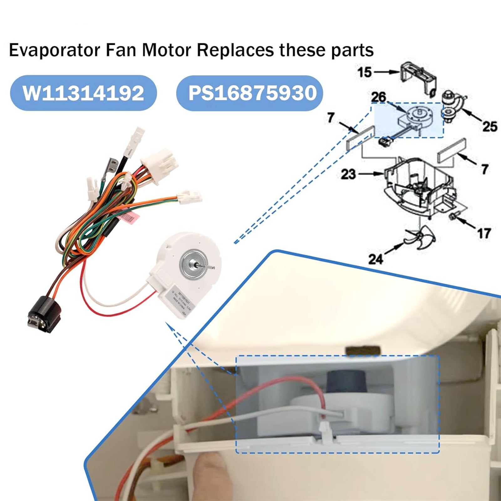 Maytag jääkaapin höyrystimen puhaltimen moottori PS16875930 W11661931 W11314192