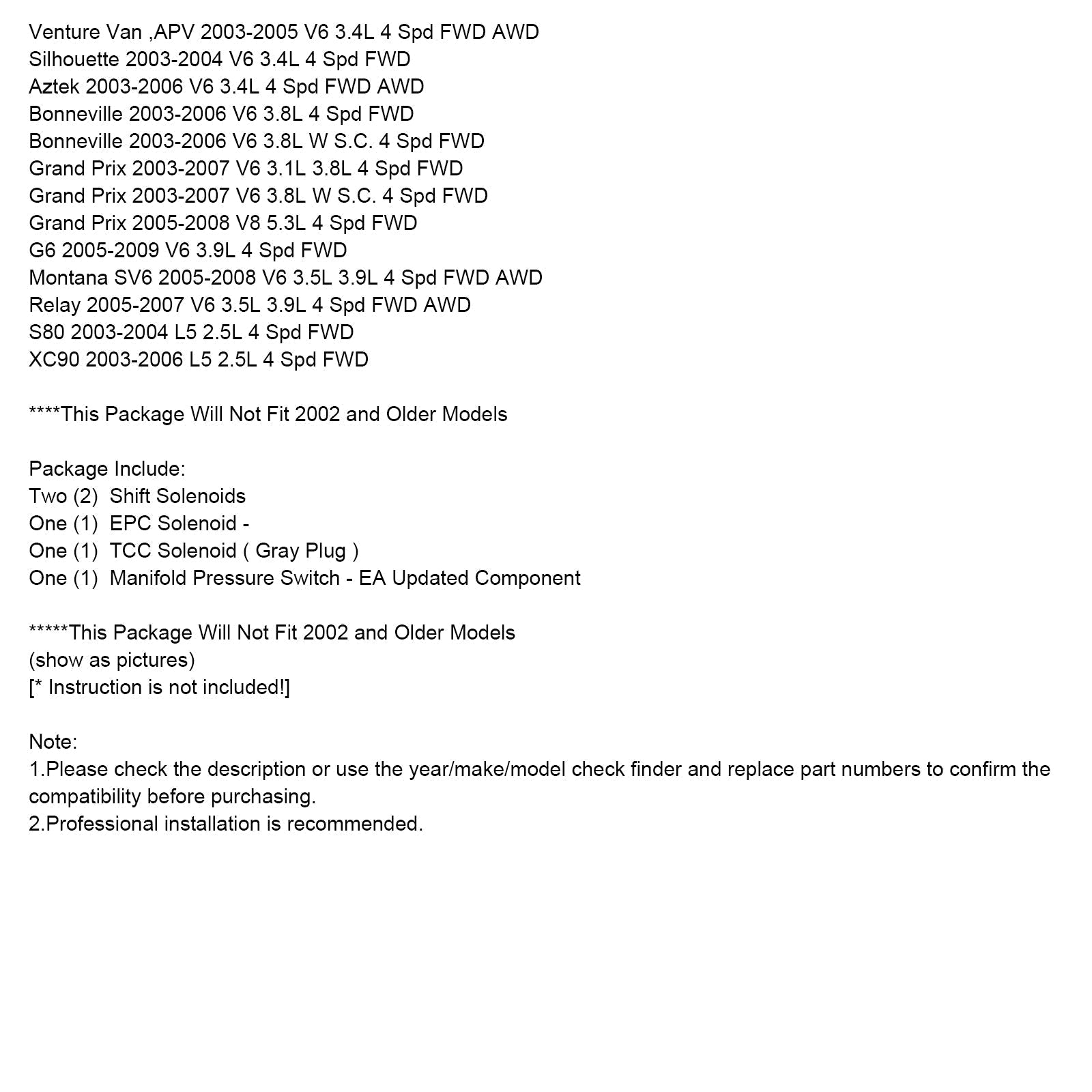 Zestaw elektromagnesu skrzyni biegów Silhouette V6 3,4L 4-biegowy FWD 4T65E 2003-2004 TCC 2-biegowy EPC.