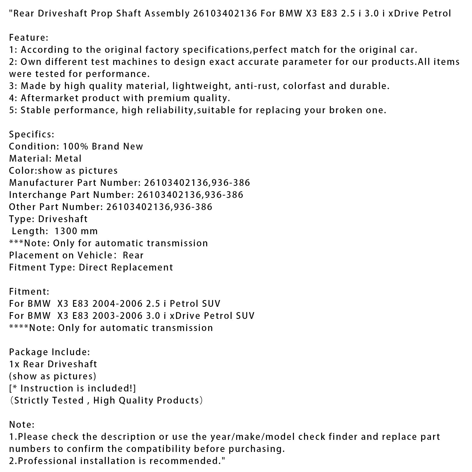 Tylna wał skrzyni biegów dla BMW x3 E83 2.5 I SUV ESTAGE 2004-2006 26103402136