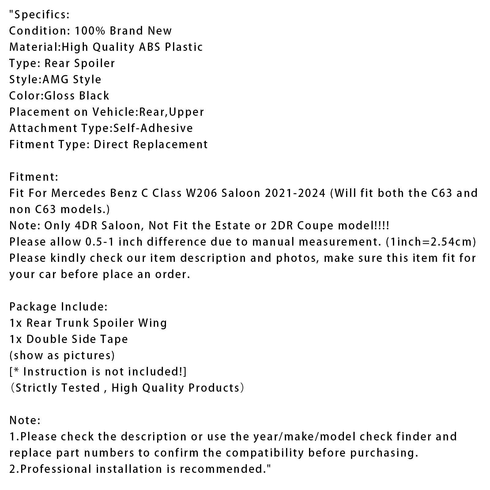 Spoiler posteriore nero lucido per Mercedes-Benz Classe C W206 AMG 2021-2024
