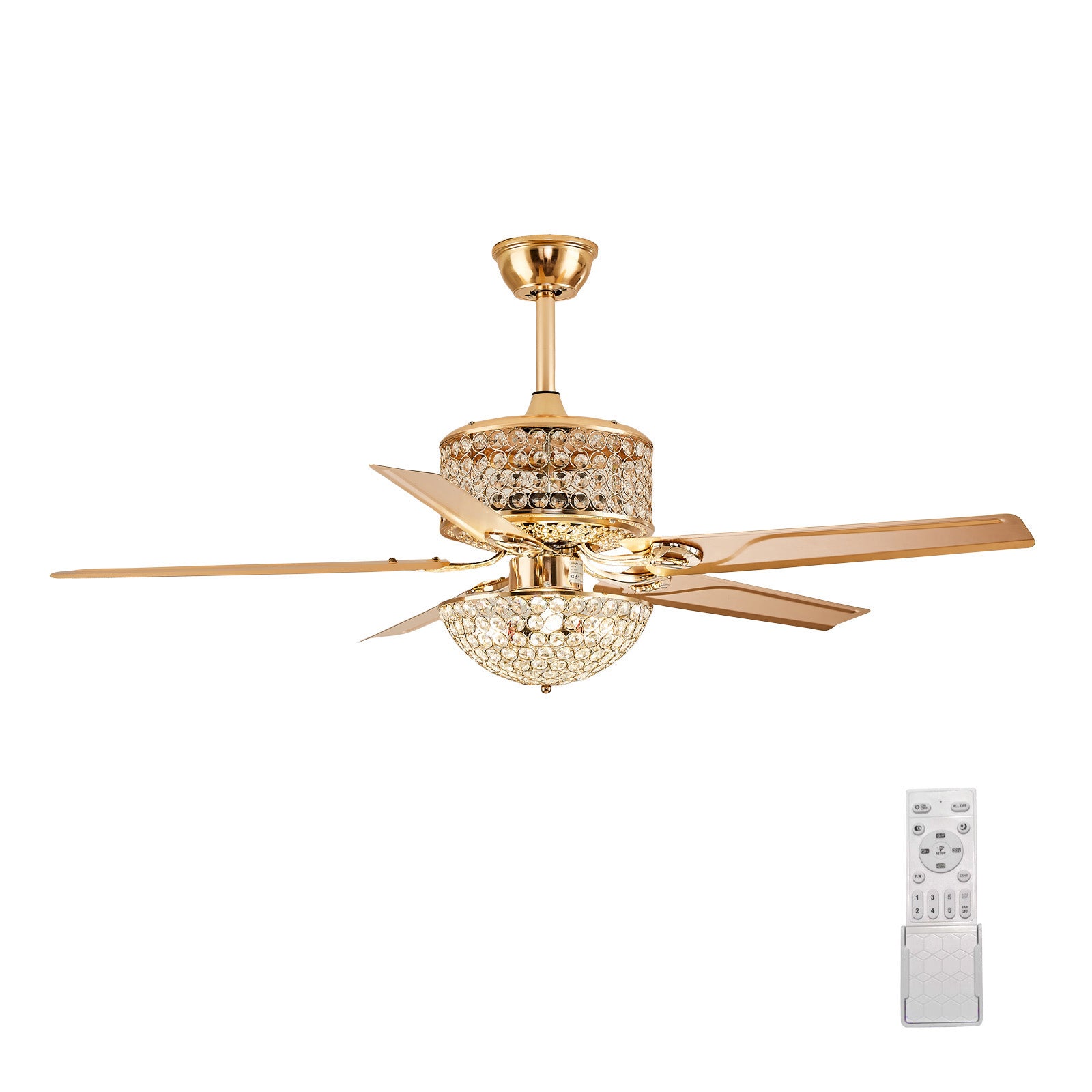 Ventilateur de Plafond Doré avec Lustre en Cristal 52" – Éclairage LED, Télécommande, 5 Pales, 6 Vitesses