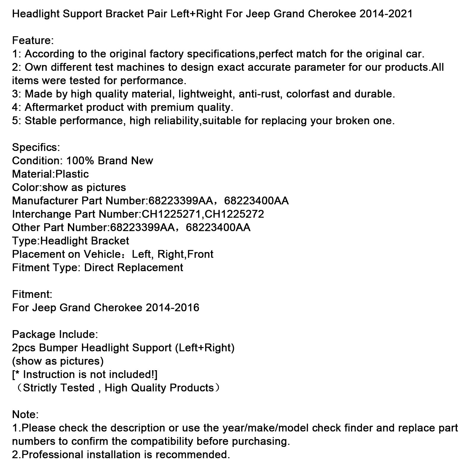 Para wsporników reflektora lewego i prawego do Jeepa Grand Cherokee (2014-2021) - Numer części : 68223399AA CH1225271