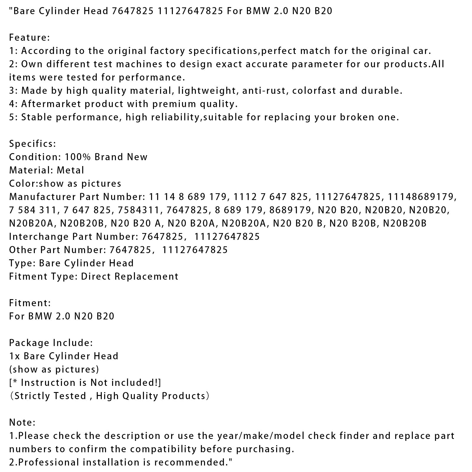 Culasse nue BMW 2.0 N20 B20 7647825 11127647825
