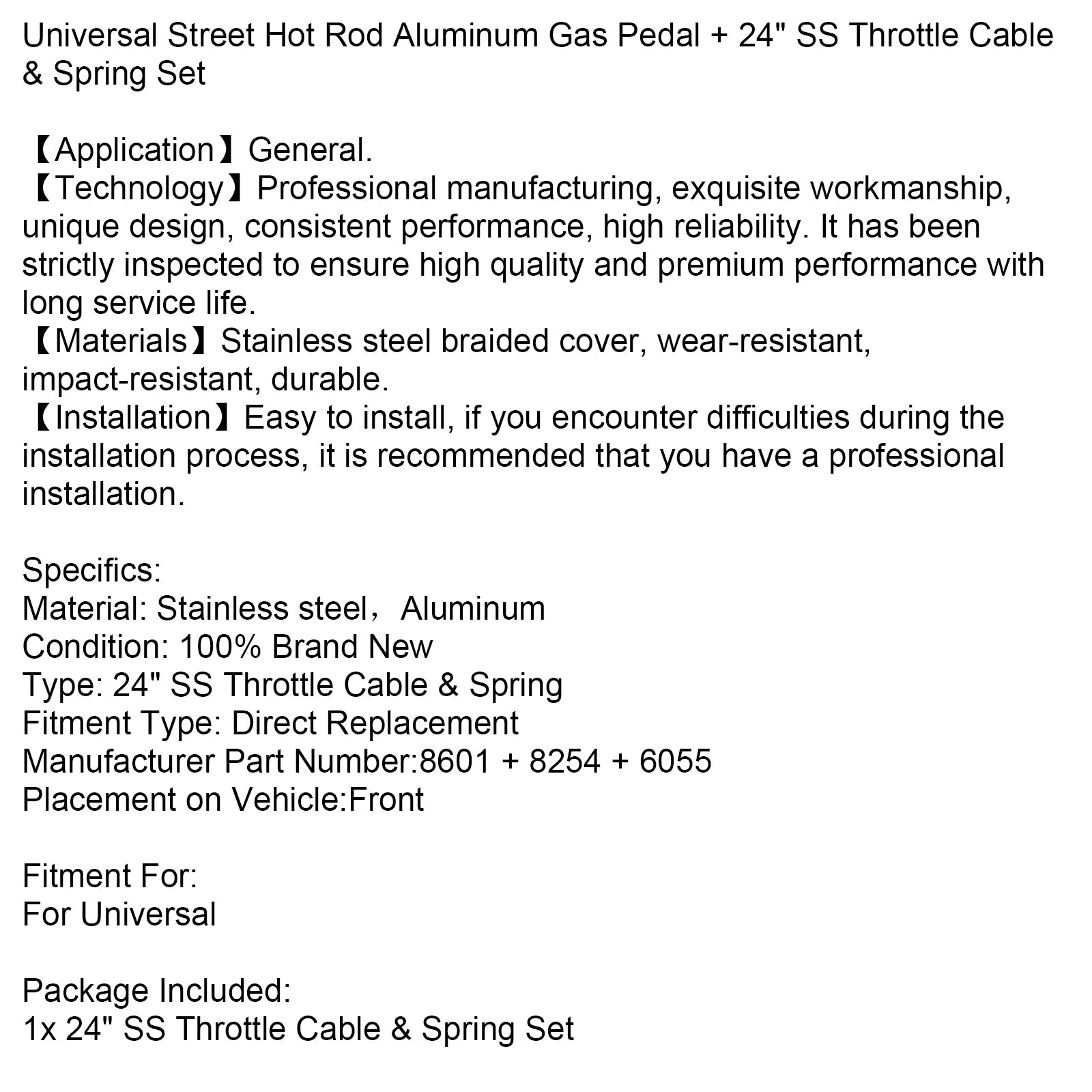 Pédale d'accélérateur universelle en aluminium pour hot rod de rue, câble d'accélérateur et ressort en acier inoxydable de 24 pouces