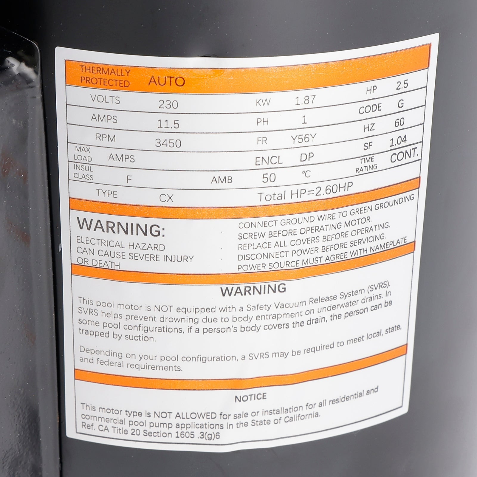 Moteur de pompe de piscine B2840 B840 2,5 CV 230 V, cadre 56Y, bride carrée