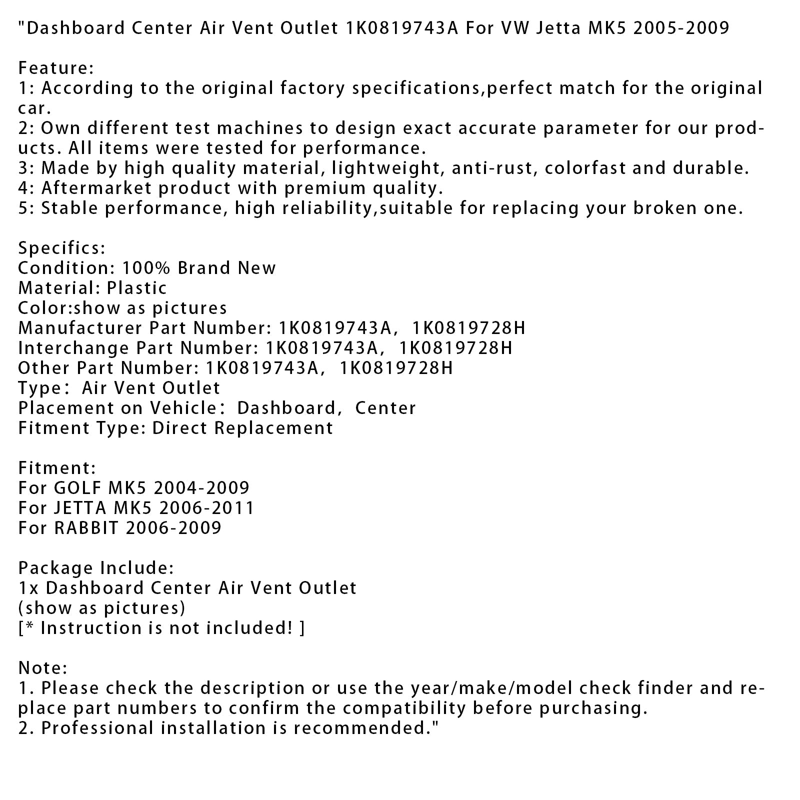 Salida de ventilación de aire central del tablero para VW Jetta MK5 2005-2009