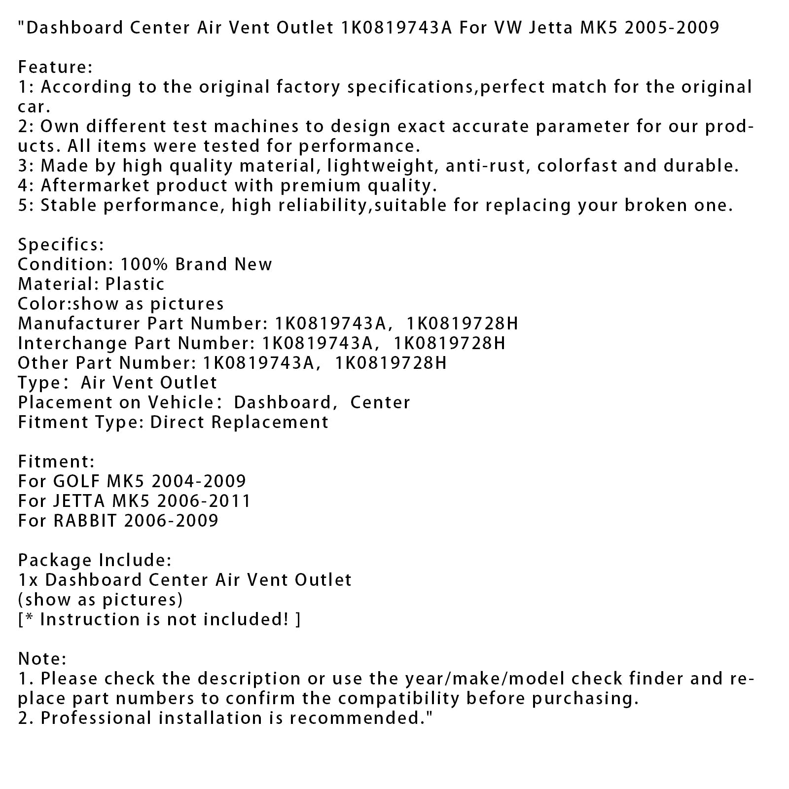 Centralni prezračevalni izhod iz Rabbit Dashboard 2006 - 2009, 1K0819743A
