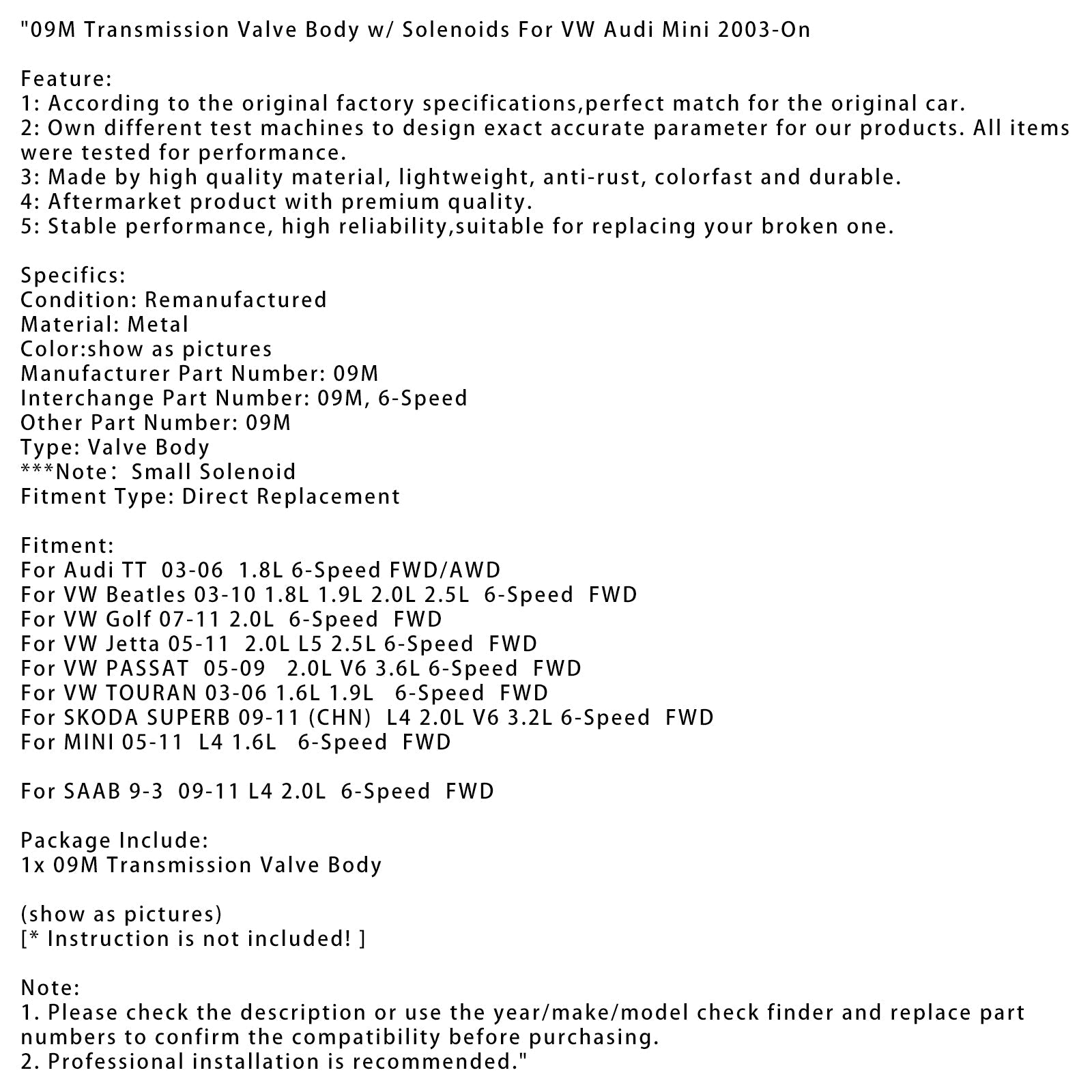 Corpo valvola trasmissione VW Beatles 1,8 l, 1,9 l, 2,0 l, 2,5 l, 6 velocità, trazione anteriore, 09m, 2003-2010, con solenoidi