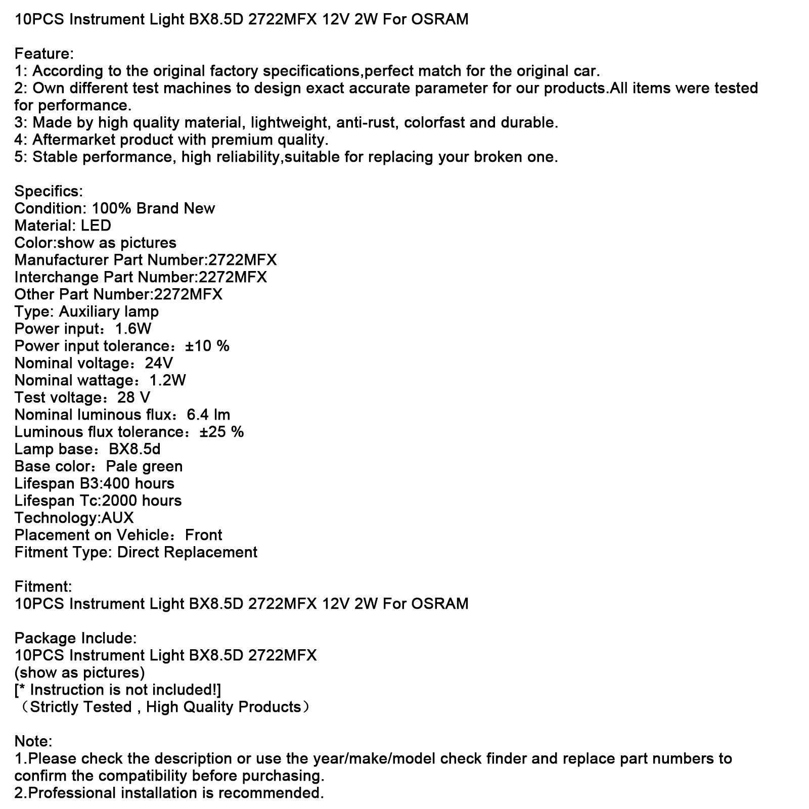 Lot de 10 lampes d'instrument B8.5D 2741MFX 24 V 1,2 W pour OSRAM