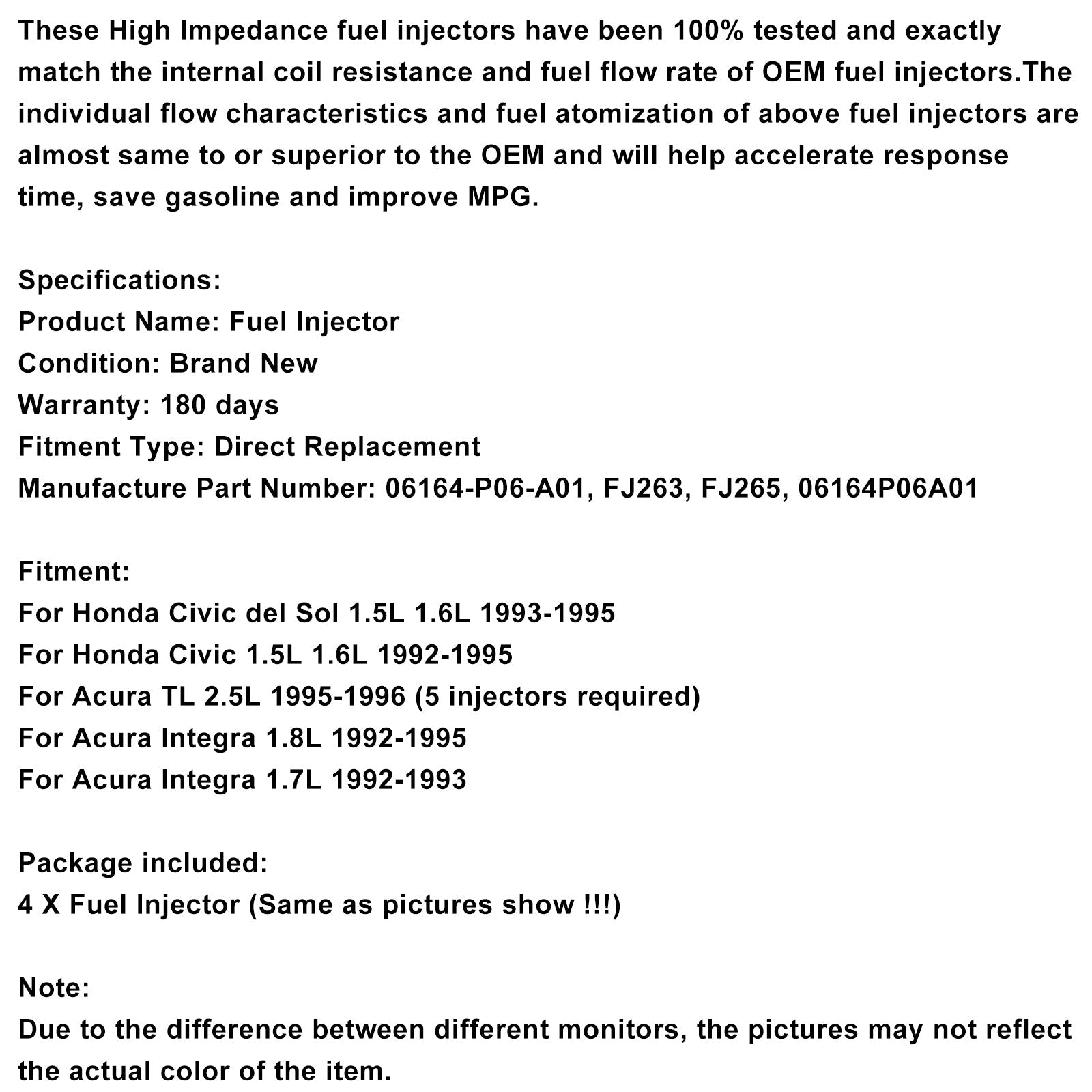Iniettore di carburante a 4 pezzi 06164-P06-A01 per Civic Del Sol 1,5 L 1.6 L Integrazione 1,7 L 1,8 L
