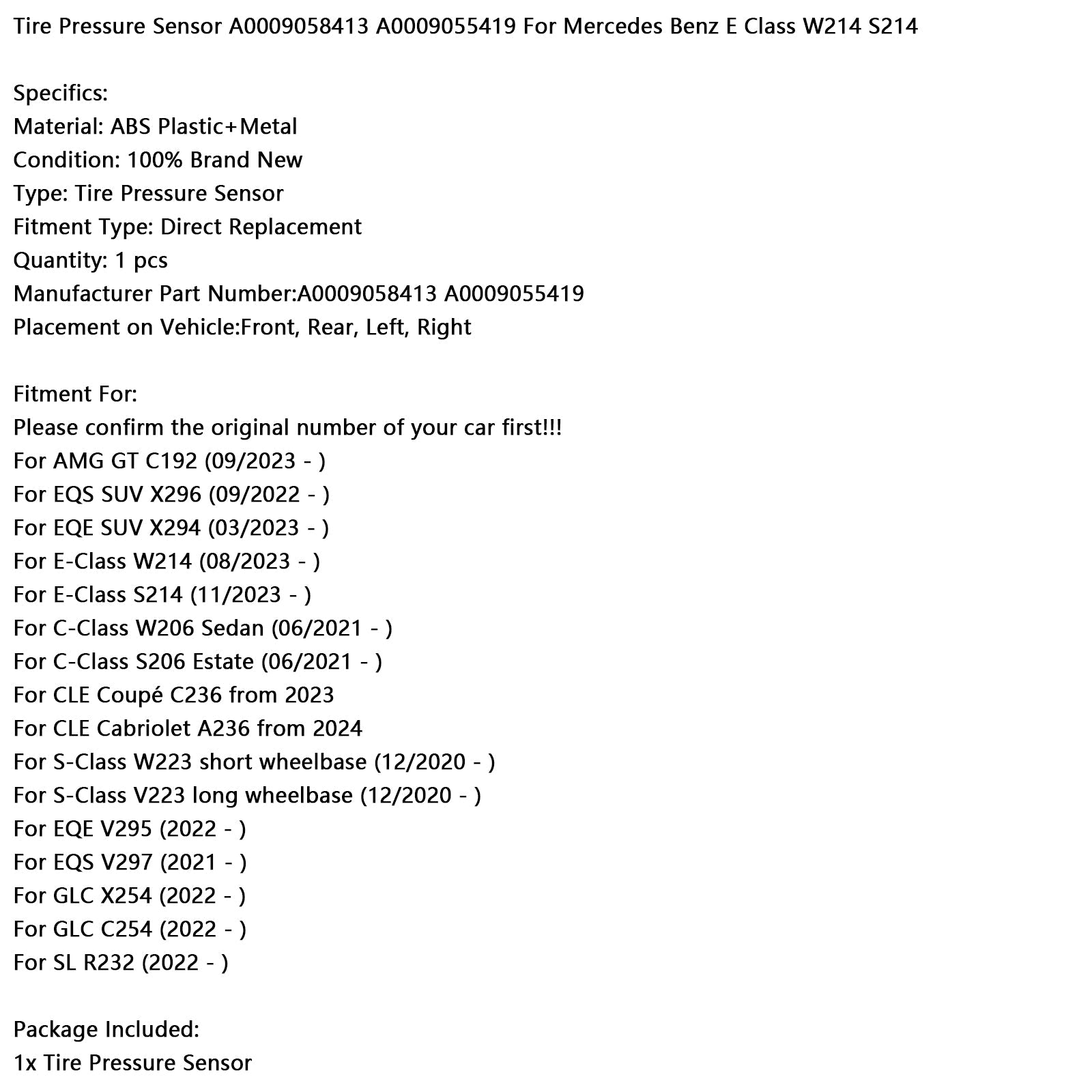 Capteur de pression des pneus A0009058413 A0009055419 pour Mercedes Benz Classe E W214 S214