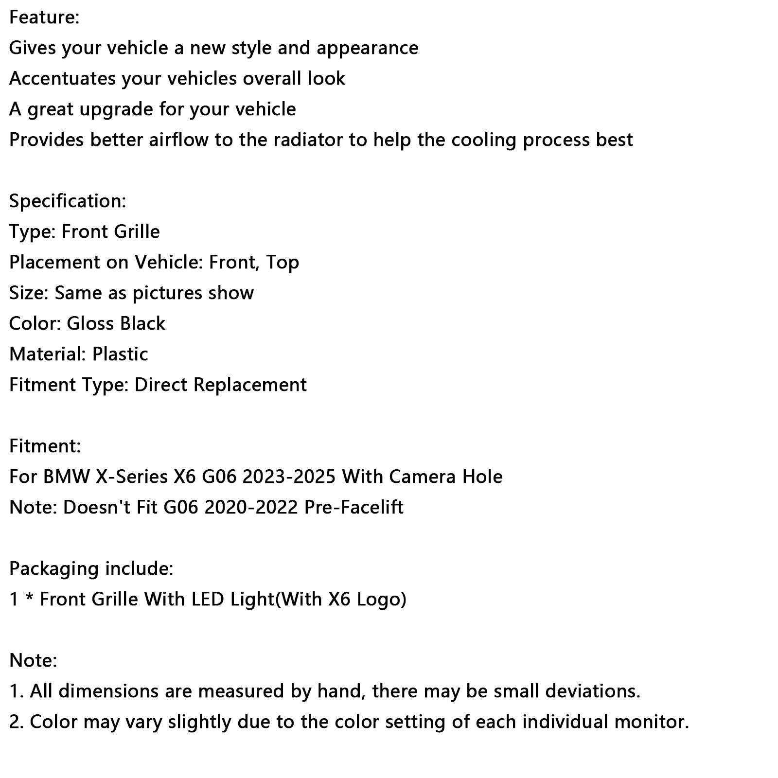 Grille de pare-chocs avant noire pour BMW X6 G06 M60i 2023-2025 avec trou pour caméra