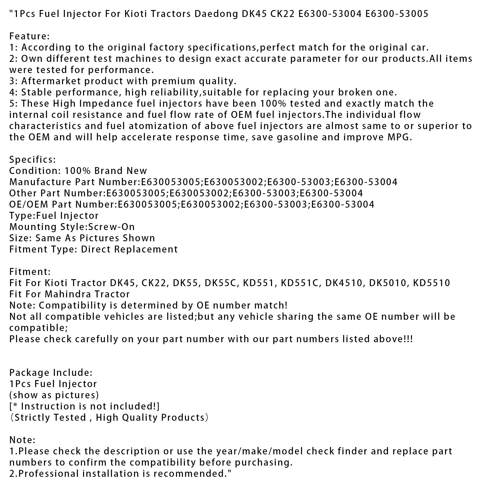 1 inyector de combustible para tractores Kioti Daedong DK45 CK22 E6300-53004 E6300-53005