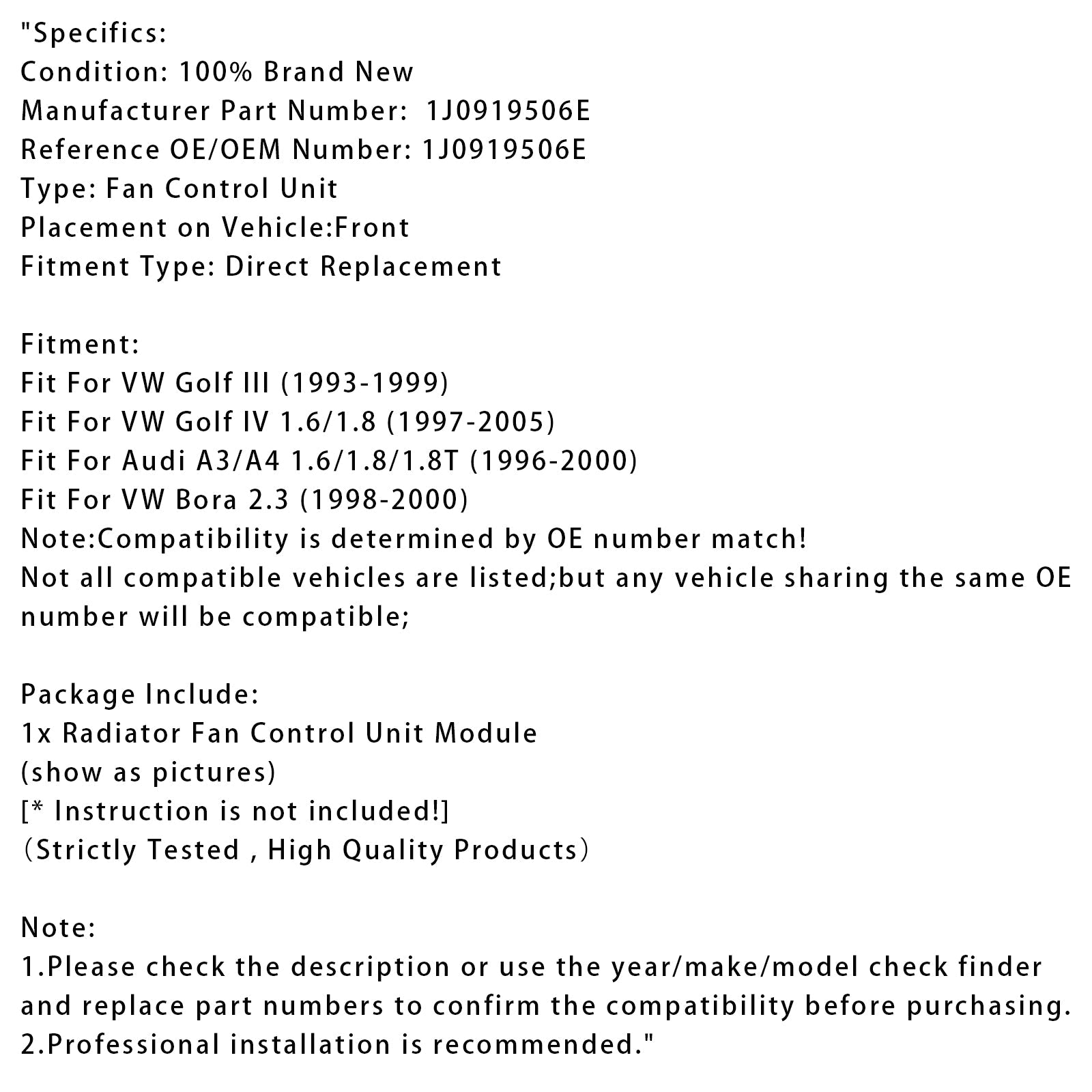 Module de commande de ventilateur de radiateur pour VW Golf III IV Bora Audi A3 1J0919506E