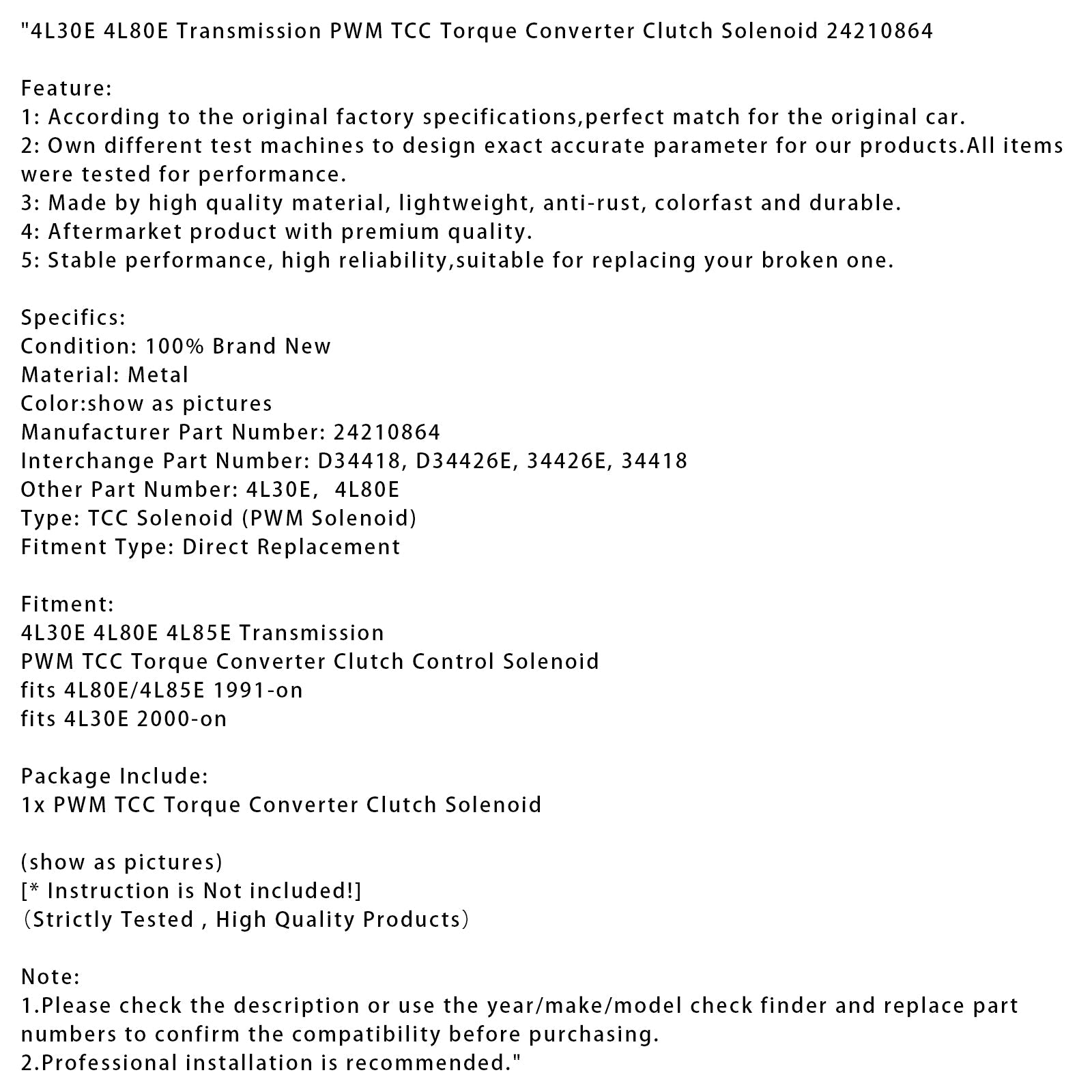 Elettrovalvola frizione convertitore di coppia PWM TCC per trasmissione 4L30E/4L80E (codice articolo 24210864)