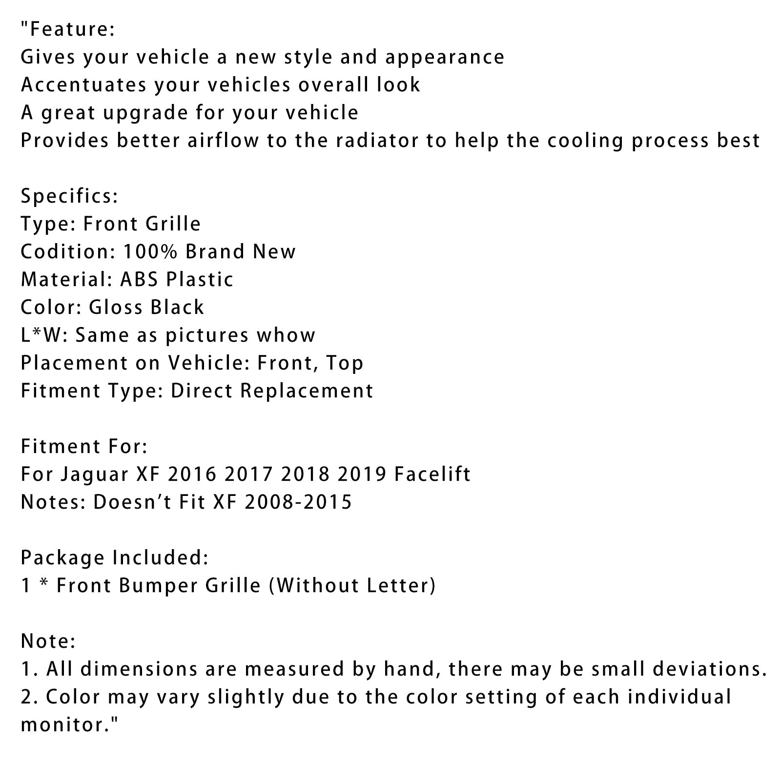 Grille de pare-chocs avant style Jaguar XF XF-R 2016-2019, noir brillant