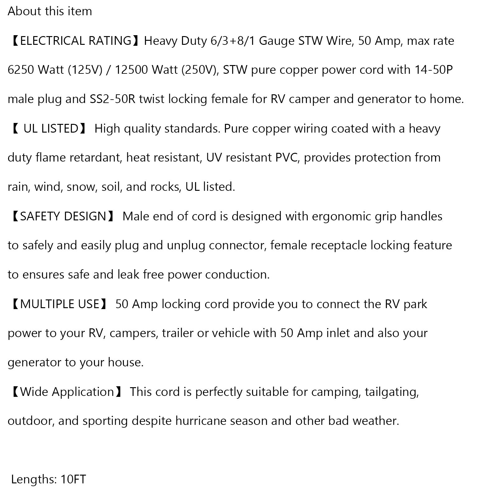 UL-gecertificeerd 50 Amp 10 voet RV/generatorsnoer met vergrendelingsconnector voor campers