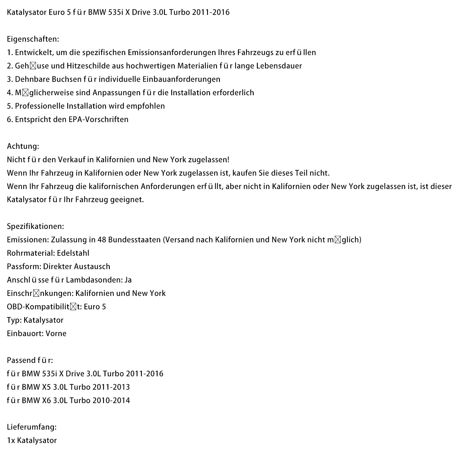 Euro 5 -katalysaattori BMW X5 3.0L Turbo -malliin (2011-2013)