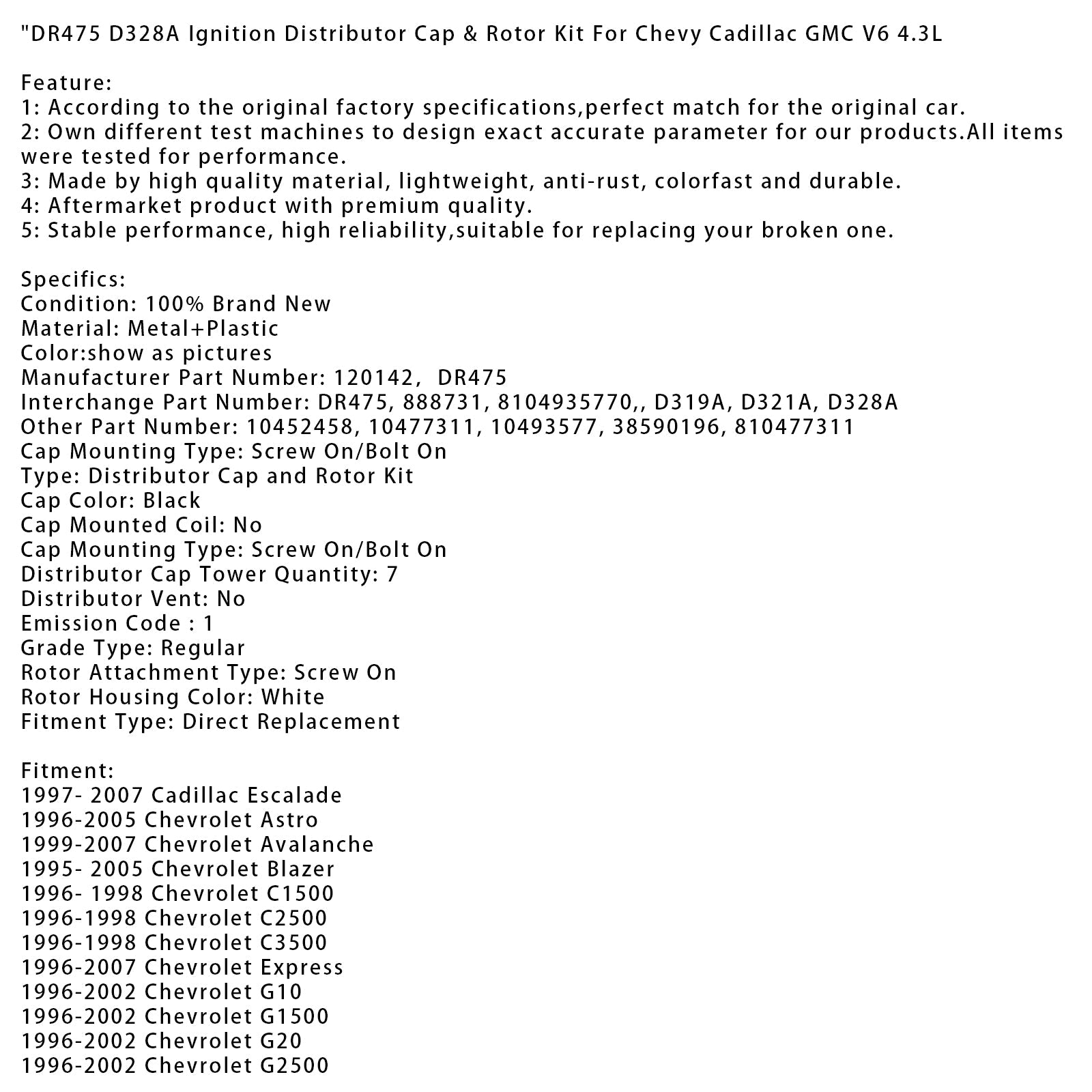 Kit de tapa y rotor de distribuidor'Encendido DR475 D328A para Chevrolet Cadillac GMC V6 4.3L