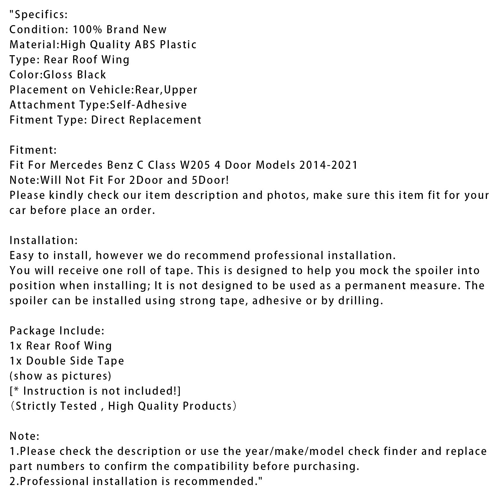 Spoiler posteriore sul tetto nero lucido per Mercedes-Benz Classe C W205 2014-2021